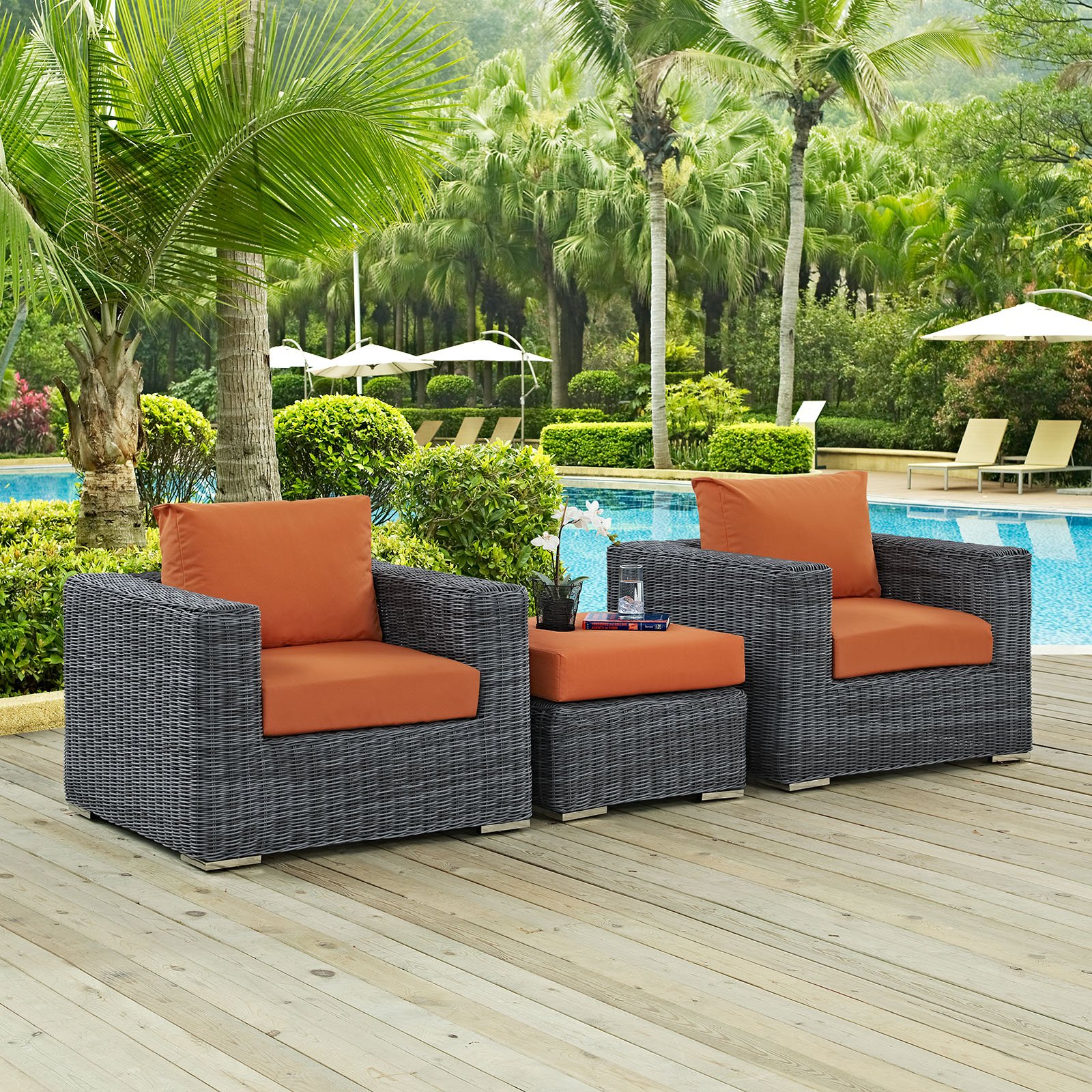 Modway Summon 3-Piece Outdoor Patio Sectional Sofa Set with Sunbrella Cushions in Canvas Tuscan - Waterproof Wicker Furniture for Backyard, Poolside & Garden Relaxation