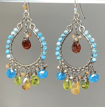 Multi-Color Gemstone Oxidized Silver Boho Hoop Earrings - Turquoise, Peridot & Hessonite | Handmade Hippie Jewelry for Women, Festival & Everyday Wear