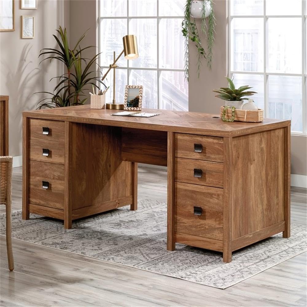 UrbanPro 6-Drawer Farmhouse Executive Desk - Solid Wood Office Desk in Brown Finish | Perfect for Home Office, Study Room & Workspace Organization