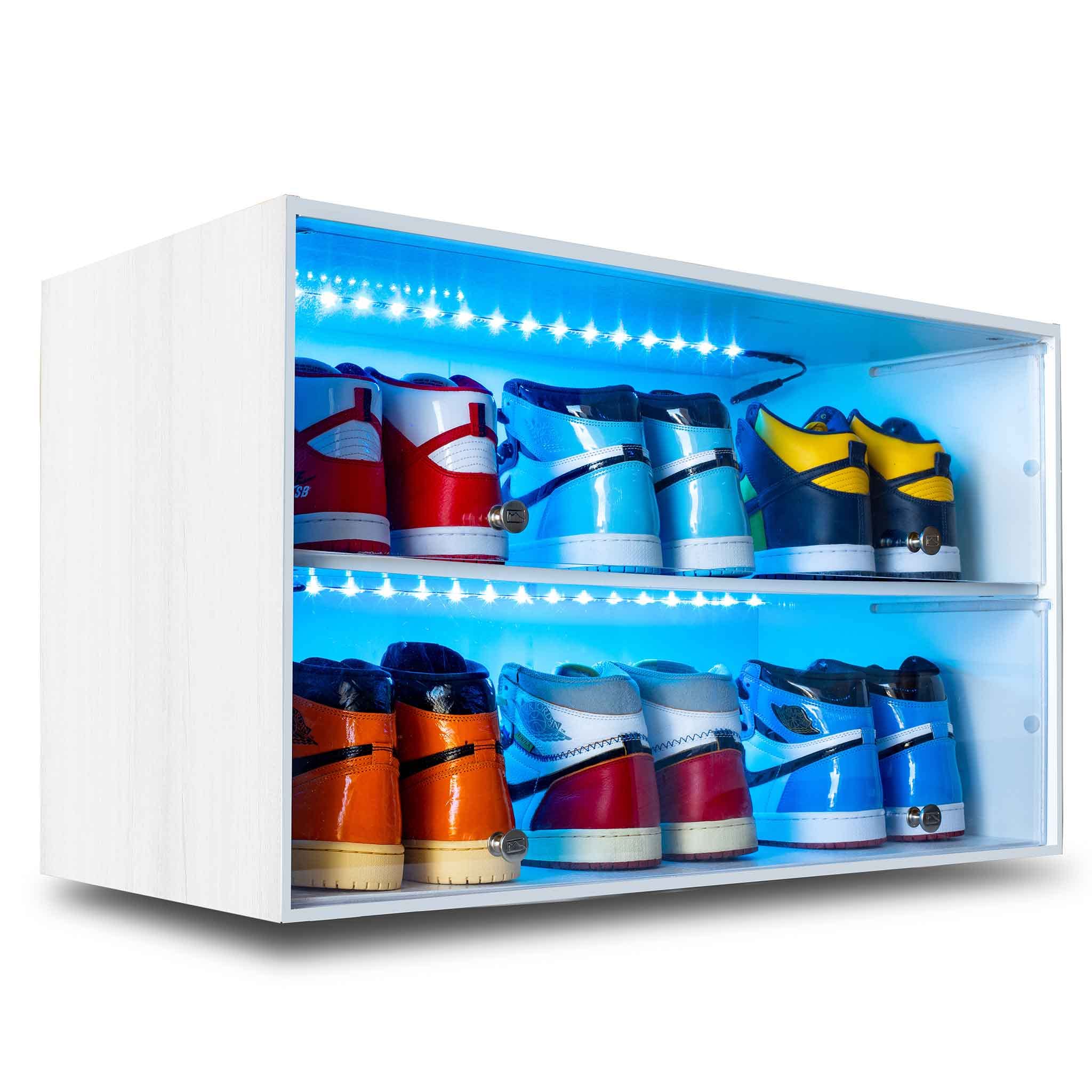 Premium White Wooden Shoe Rack with LED Lights - Holds 6 Pairs of Sneakers & Shoes - Sliding Door Storage Organizer for Closet, Bedroom, Garage & Outdoor Use - Modern Shoe Shelf for Home Organization & Display