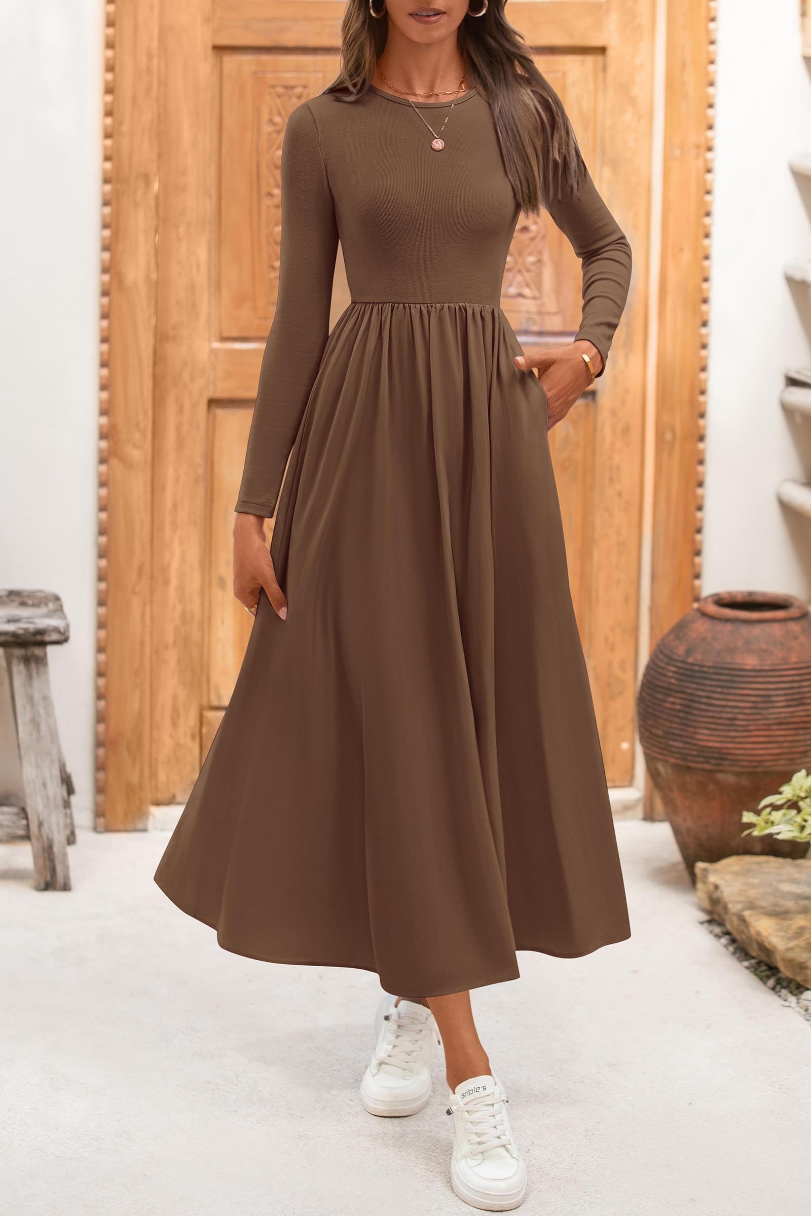KIRUNDO Women's Elegant Boho Flowy Midi Dress with Pockets - Long Sleeve Casual Wedding Guest Dress for Spring Summer Fall 2025 | Perfect for Garden Parties, Bridal Showers & Date Nights