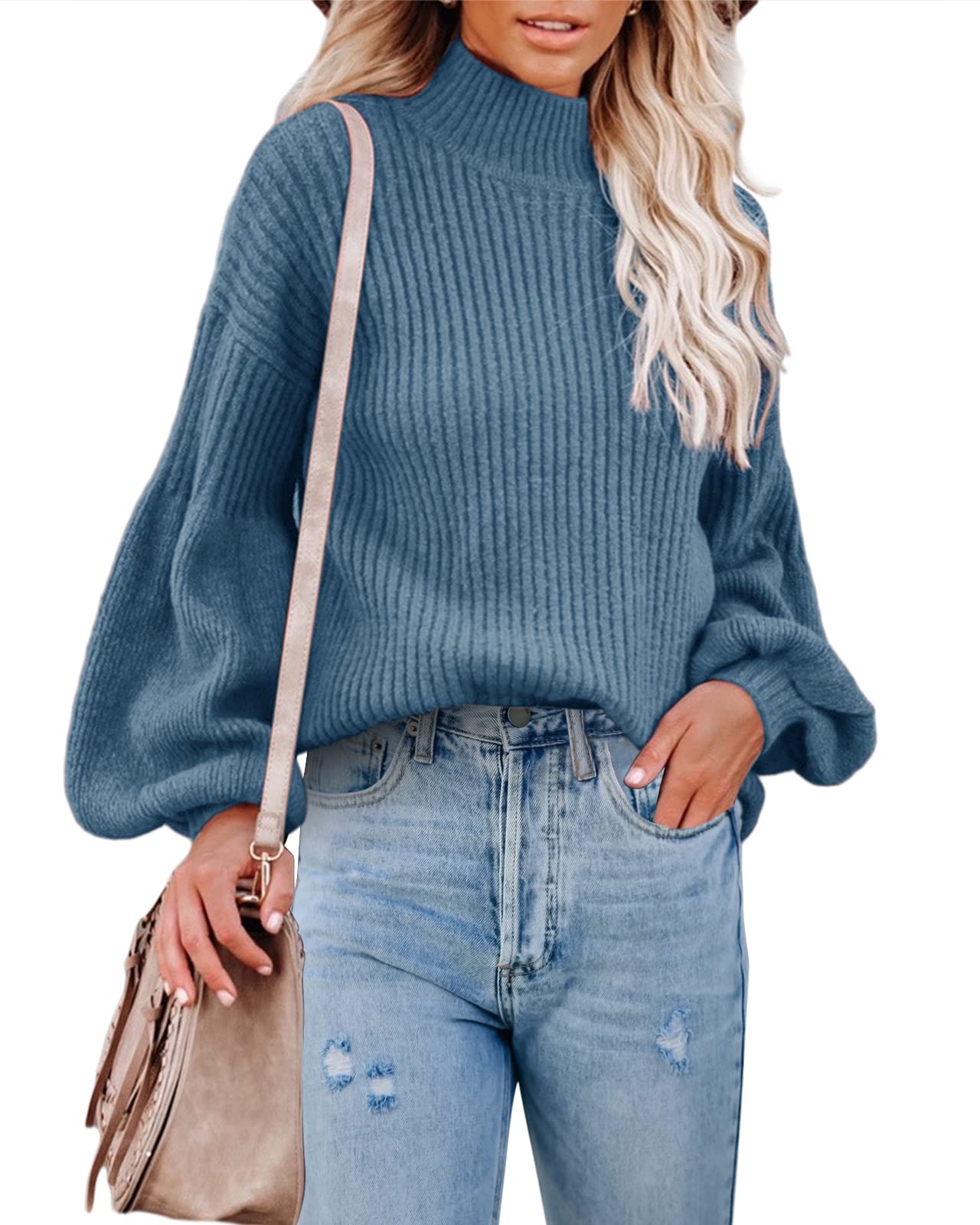 Saodimallsu Women's Oversized Turtleneck Sweater - Chunky Knit Long Puff Sleeve Ribbed Pullover Jumper Top | Cozy Winter Fashion for Casual Outings & Office Wear