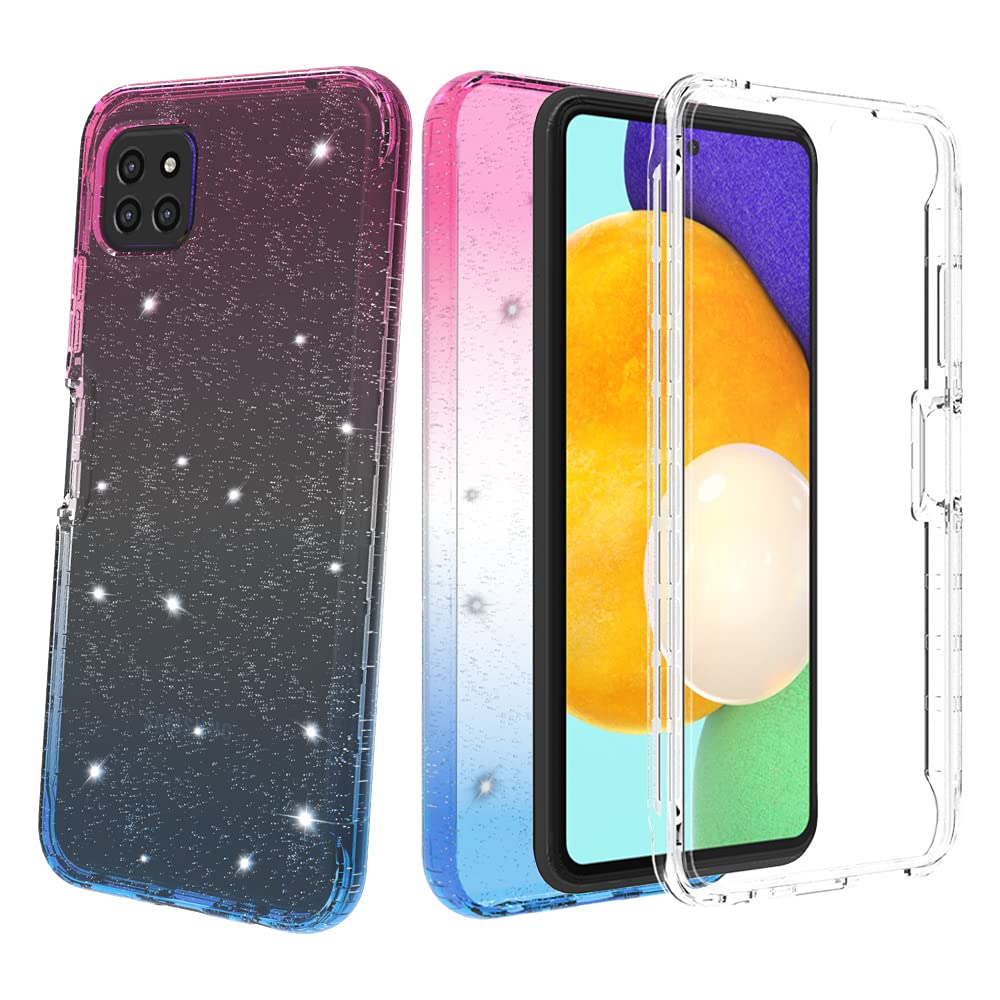 Samsung Galaxy A22 5G Phone Case with Built-in Screen Protector - Shockproof Hybrid Clear TPU Bumper Cover | Heavy Duty Protection | Glitter Pink & Blue Design | Perfect for Outdoor Activities, Travel & Daily Use