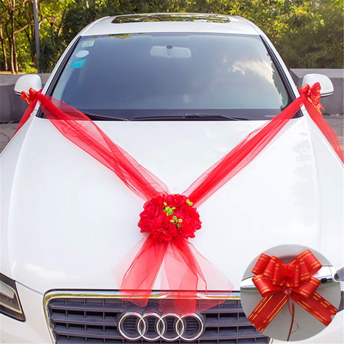 Artificial Silk Flowers with Ribbon Bows - Elegant Wedding Car Door Handle Decorations for Bridal Party, Ceremony & Special Events (Red) - Perfect for Wedding Cars, Reception Decor & Bridal Shower Accessories