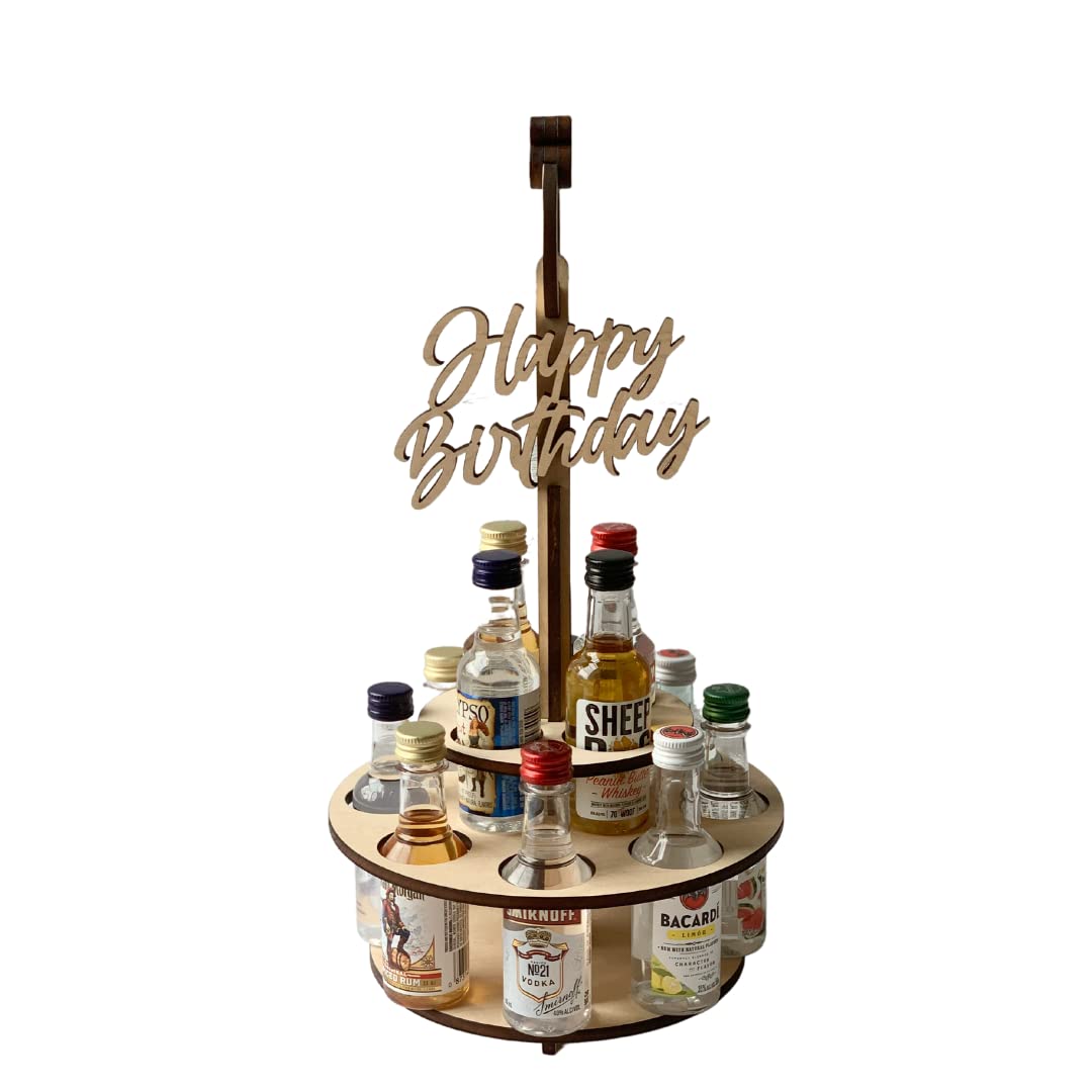Mini Liquor Bottle Two-Tier Wooden Cake Stand for Alcohol Celebration & Birthday Parties - Holds 12 Round Bottles (Bottles Not Included) - Perfect for Wedding Toppers, Bachelor Parties & Bar Decor