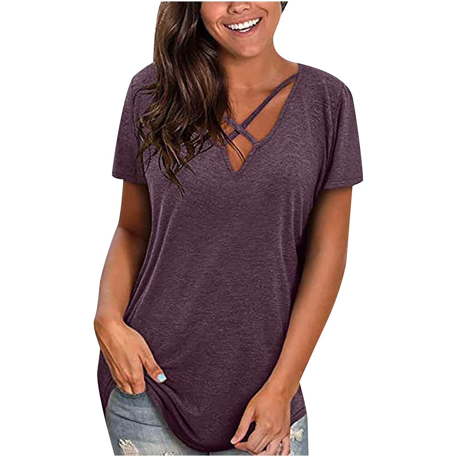Women's Summer Criss Cross Casual Loose Tunic Top - Fashion V-Neck Short Sleeve Blouse in Solid Colors | Perfect for Beach Outings, Vacation Wear & Everyday Comfort