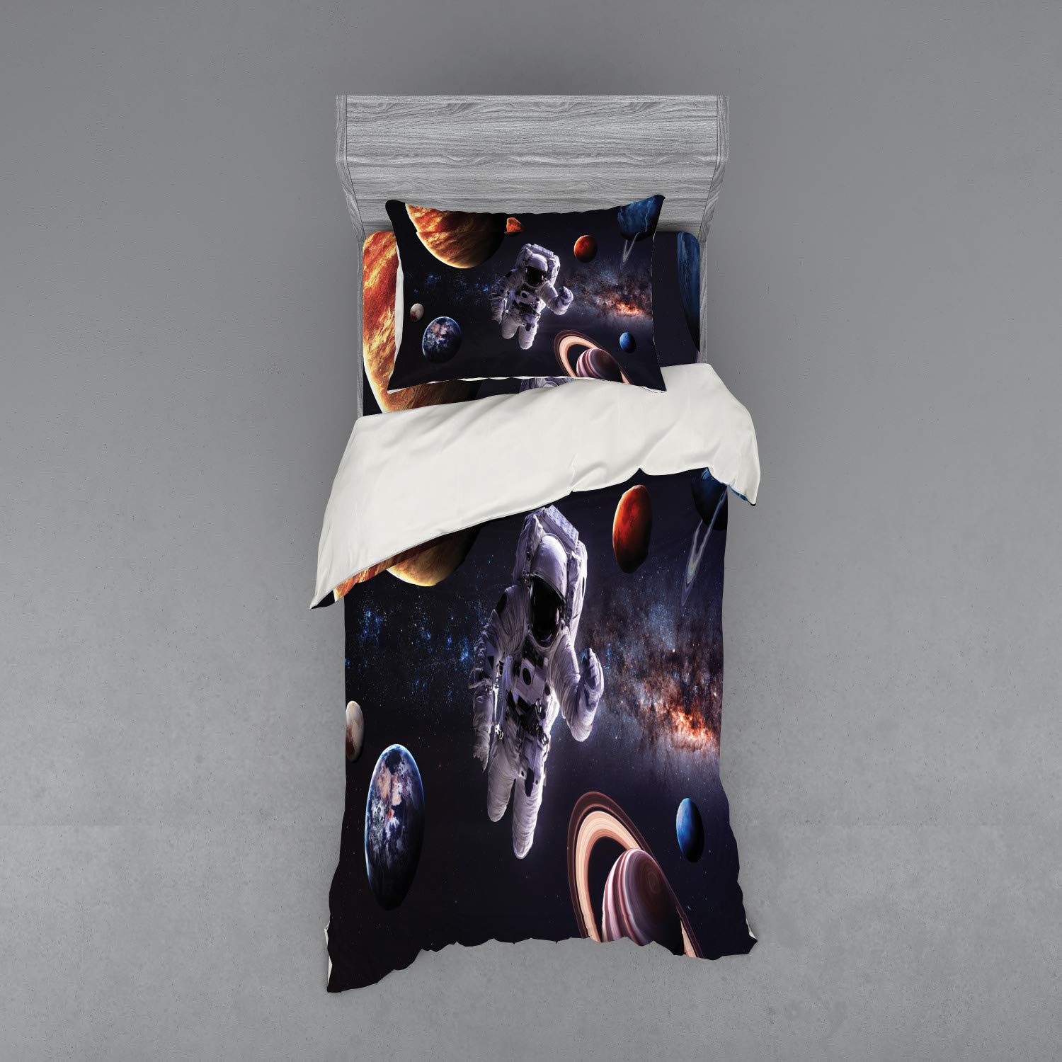Ambesonne Outer Space Bedding Set - 3 Piece Duvet Cover with Sham & Fitted Sheet, Twin Size, Astronaut & Planets Design (Mars, Neptune, Jupiter), Vibrant Multicolor - Perfect for Kids' Rooms, Space-Themed Decor & Sci-Fi Enthusiasts