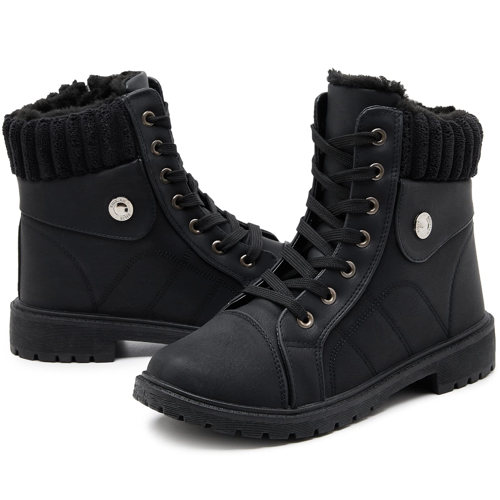 Waluzs Women's White Ankle Boots - Winter Fuzzy Lace-Up Combat Snow Boots for Women | Warm & Stylish for Cold Weather, Snow Days & Outdoor Adventures