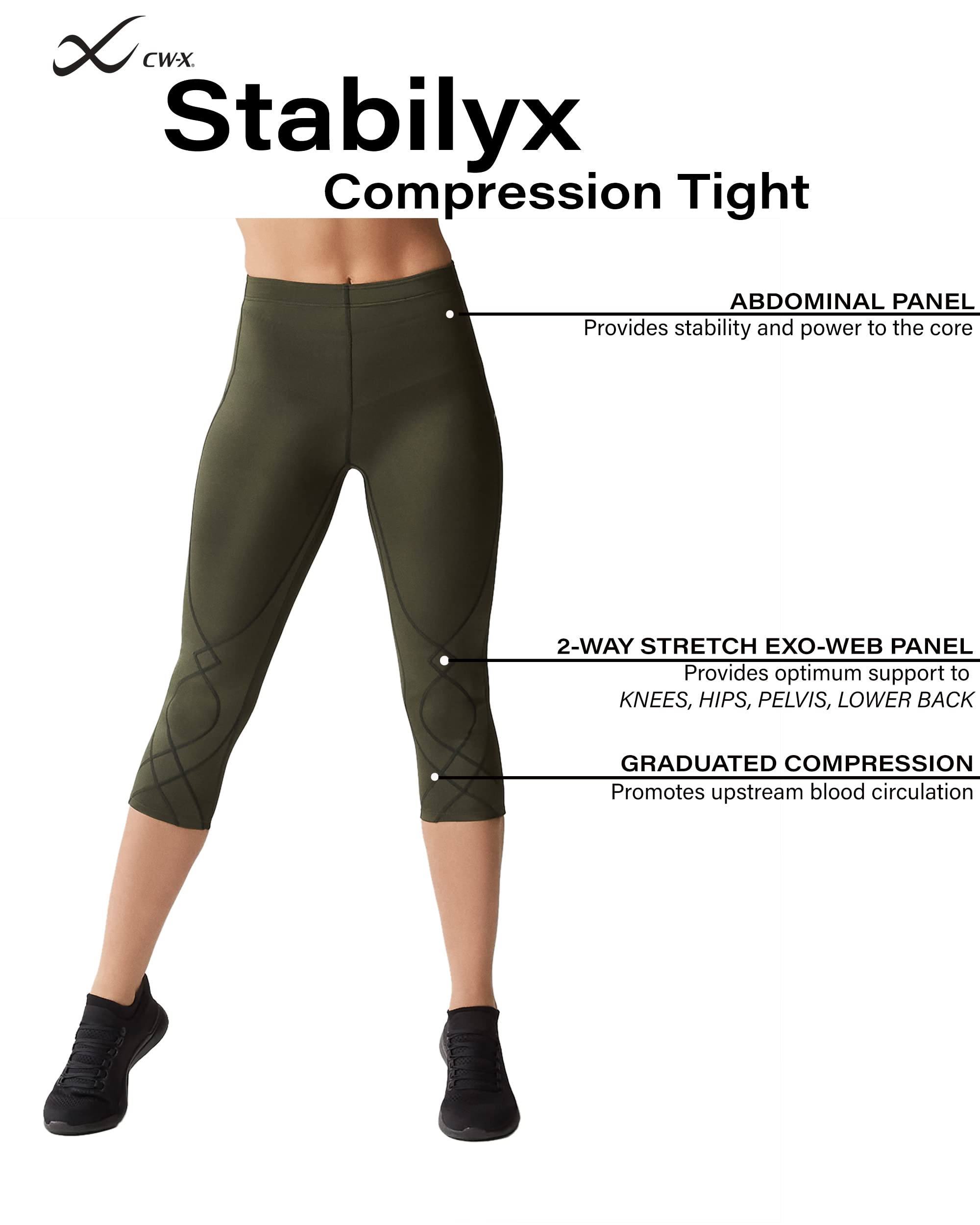 CW-X Women's Stabilyx Joint Support 3/4 Capri Compression Tight Pants for Running, Yoga & Workouts - Knee & Hip Support for Active Women