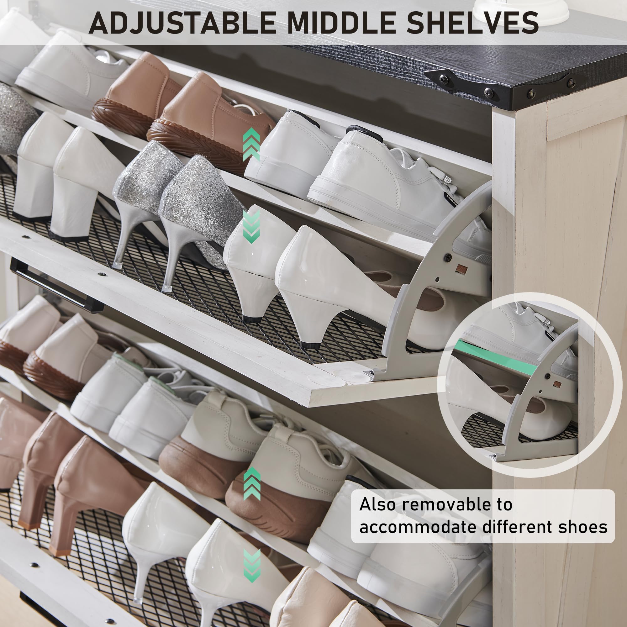 Farmhouse Shoe Cabinet with 2 Flip Drawers - Rustic Wooden Shoe Organizer with Mesh Doors & Adjustable Shelves - Entryway Shoe Storage for Small Spaces - Perfect for Hallway, Closet or Mudroom Organization (White)
