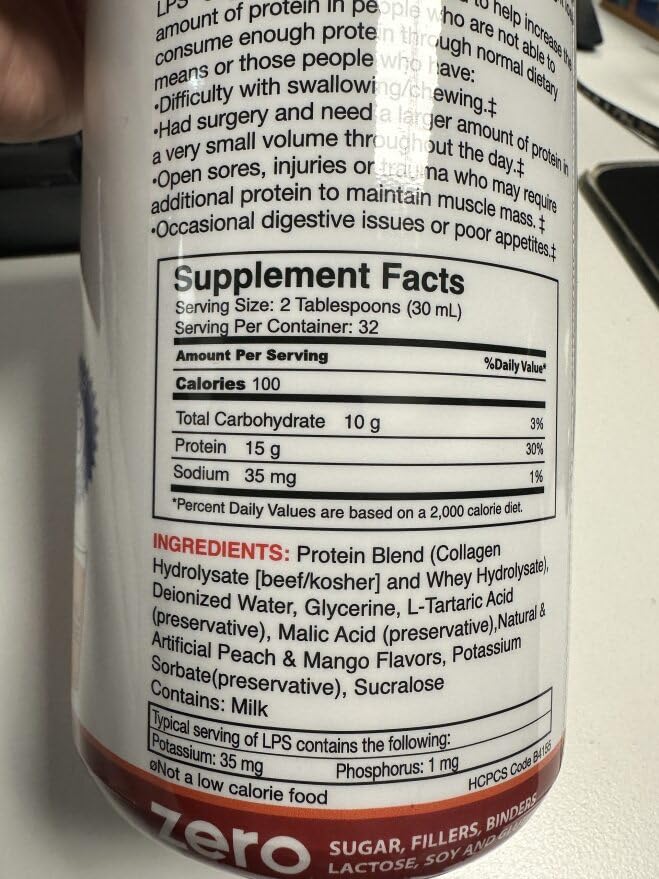 Nutritional Designs LPS Liquid Collagen & Whey Protein Powder - Sugar Free, Non-GMO Supplement Drink for Healthy Skin & Hair - Men & Women (Peach Mango Flavor) | Post-Workout Recovery & Beauty Boost