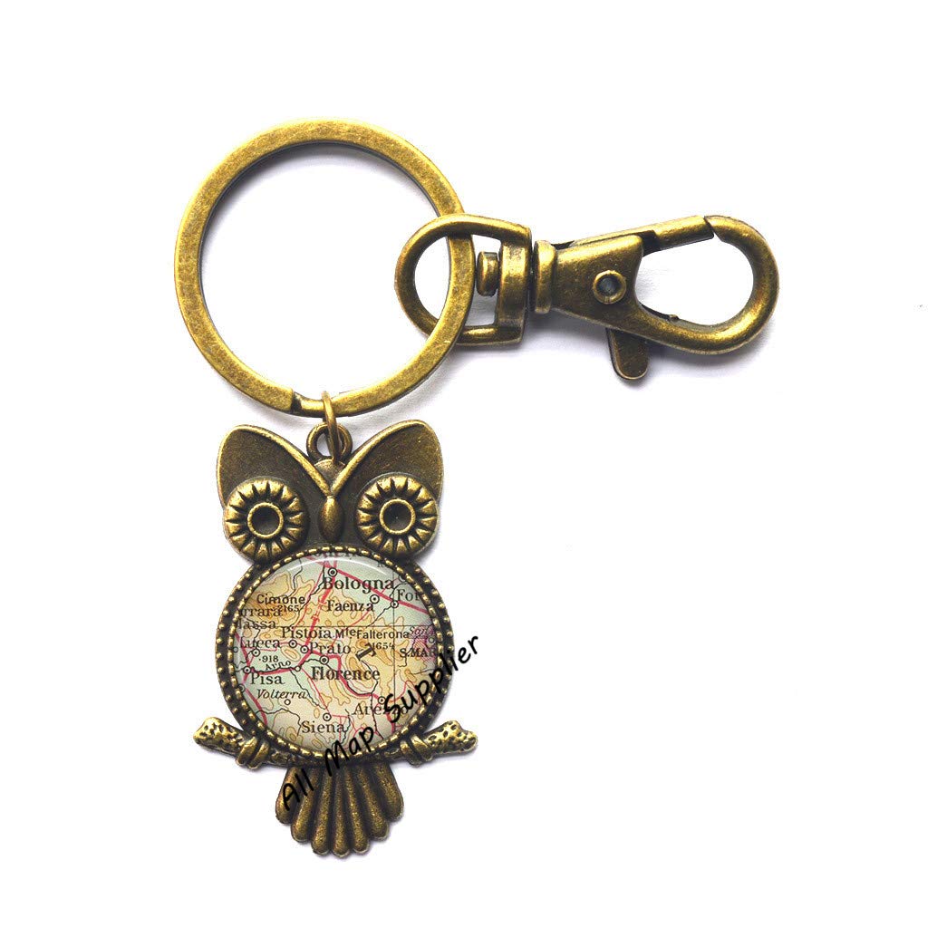 Florence Italy Map Owl Keychain - Unique Owl Key Ring with Florence Map Design - Travel Gift for Italy Lovers - Perfect Souvenir for Bologna & Pisa Trips - A0294 (Use as Travel Accessory, Gift for Friends, or Collection Item)