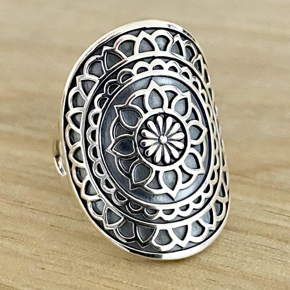 Sterling Silver Dream Catcher Mandala Boho Ring for Women - Adjustable Sizes - Perfect for Festivals, Parties, and Bohemian Style Outfits