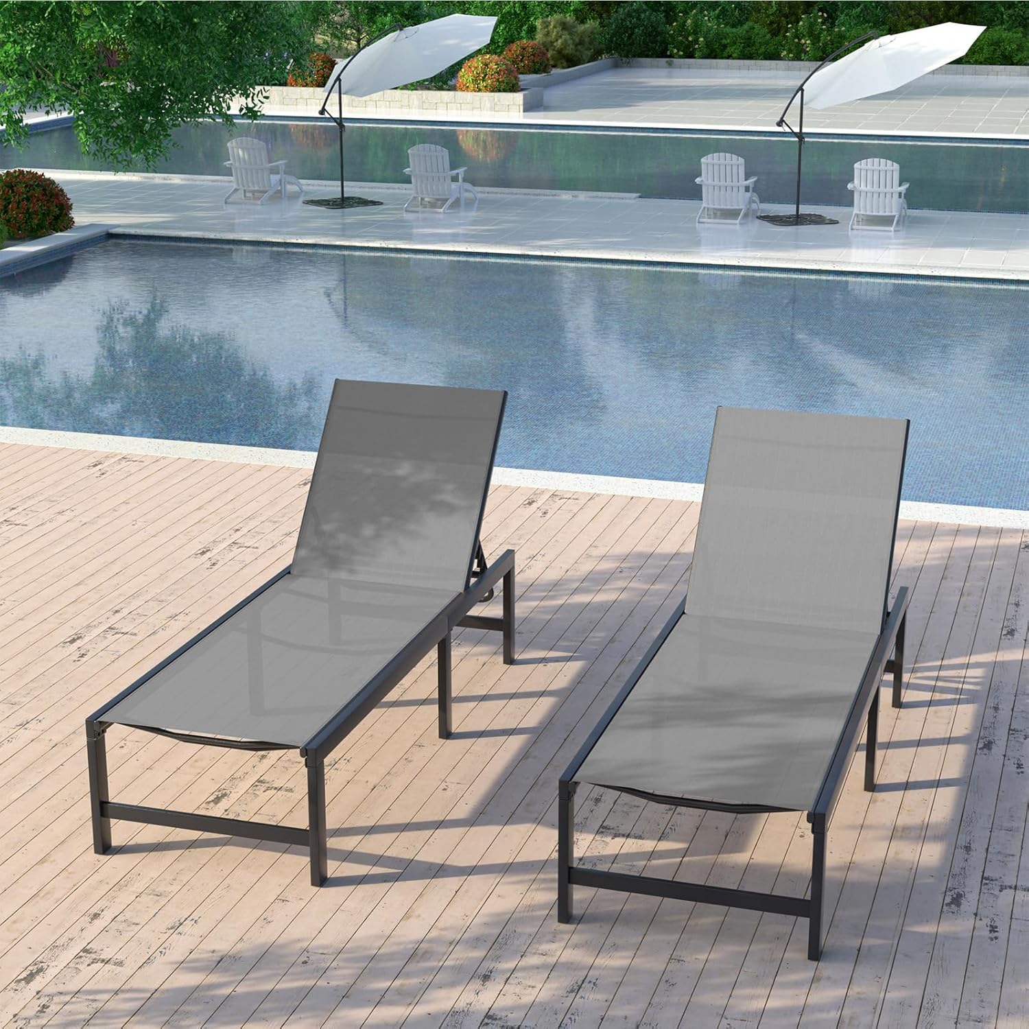 UDPATIO 3-Piece Outdoor Chaise Lounge Set with Adjustable Backrest and Side Table - Perfect for Poolside, Beach, Patio, and Backyard Sunbathing (Grey) | Durable Weather-Resistant Pool Lounge Chairs for Relaxing in Summer