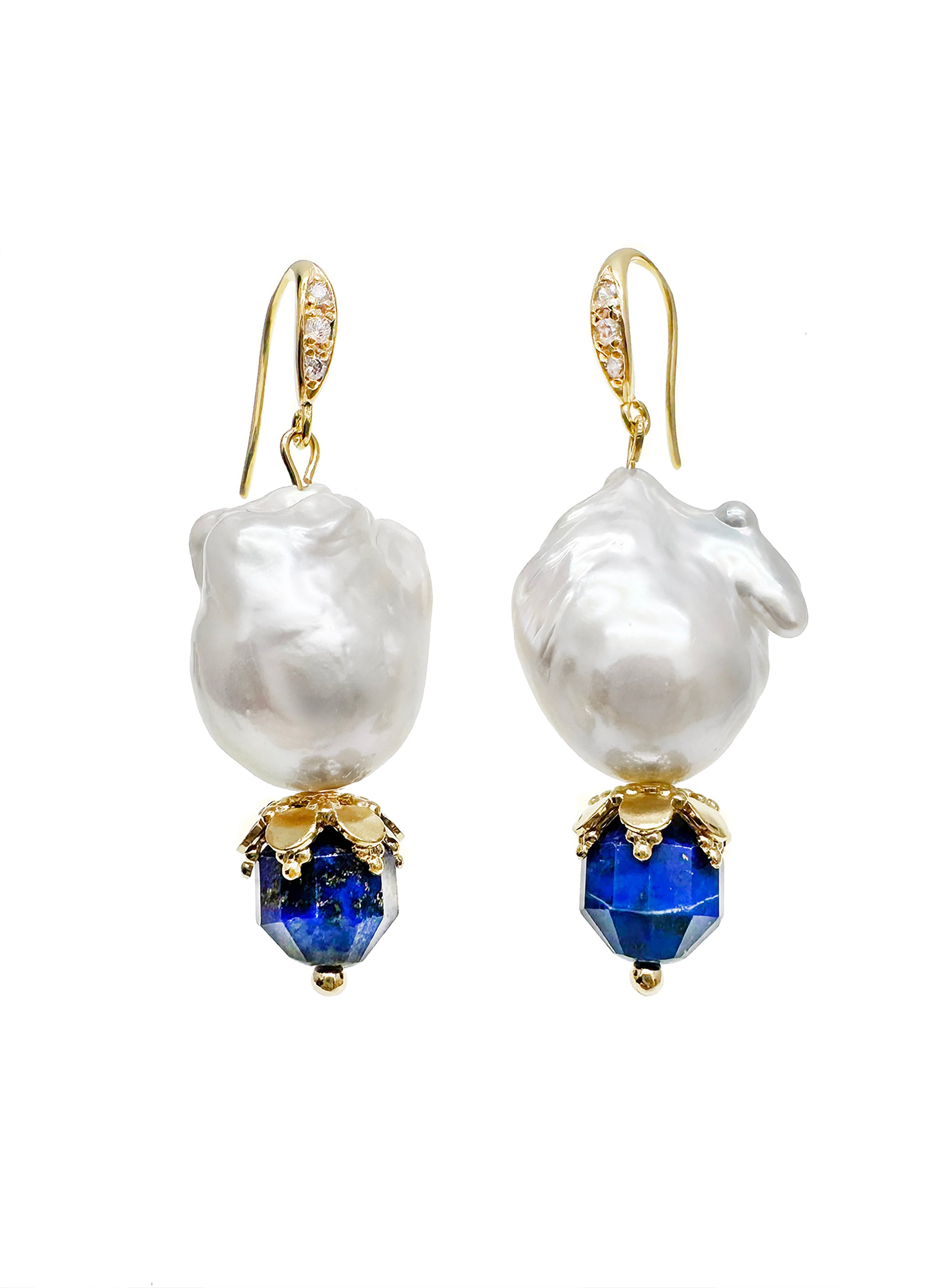 Elegant Baroque Pearls & Faceted Lapis Lazuli Dangle Earrings JE020 | Vintage Style Jewelry for Women, Perfect for Weddings, Parties & Special Occasions