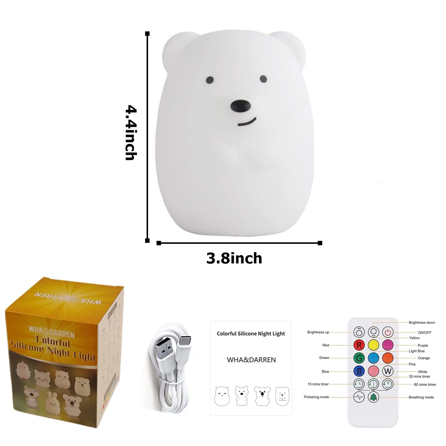 Medium Bear Night Light - 9 Color Changing, USB Rechargeable, Touch Control for Kids & Adults - Perfect for Bedrooms & Nurseries