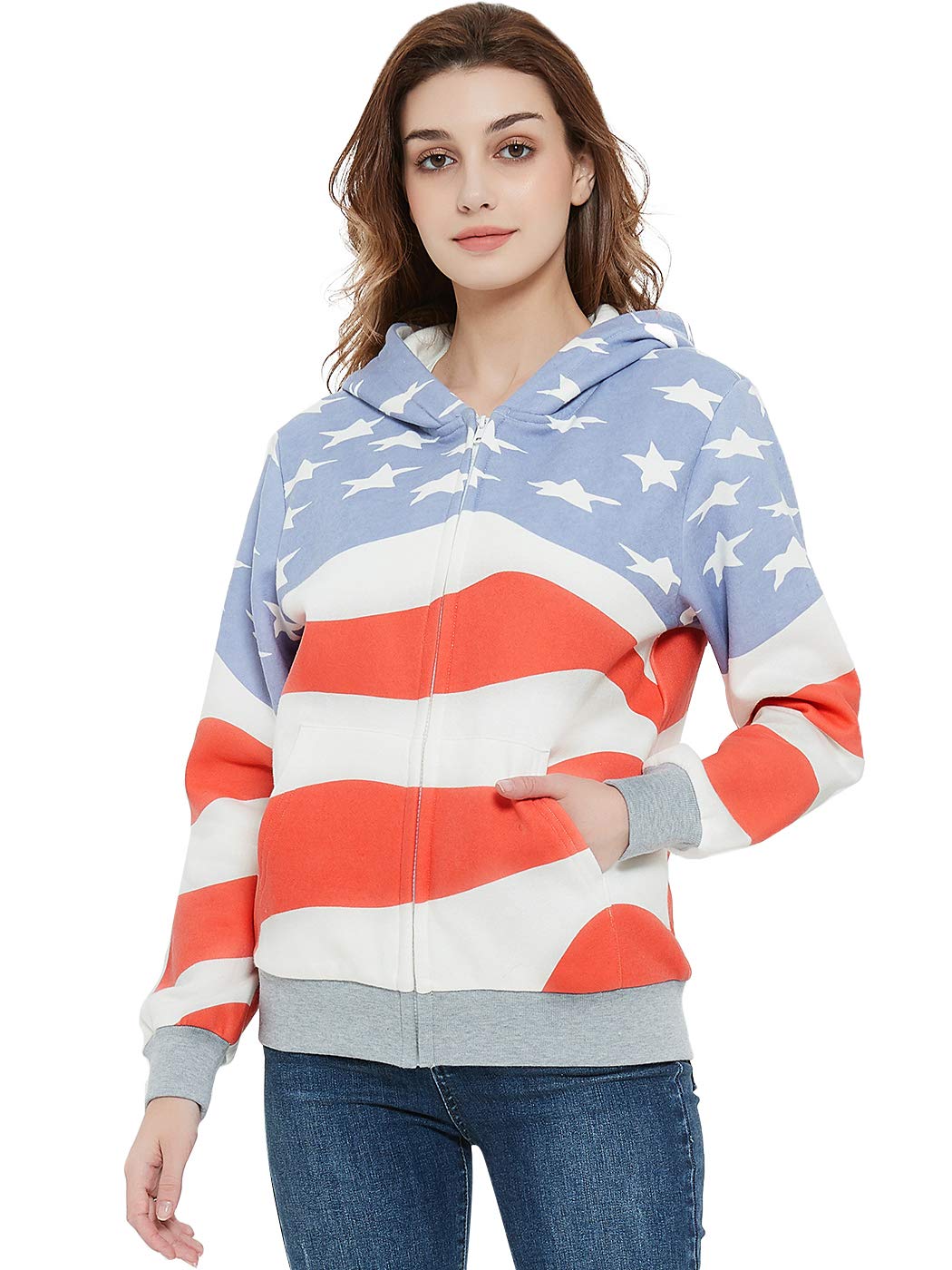 Anna-Kaci Women's Patriotic USA Flag Zip-Up Ribbed Hoodie Jacket - Cozy & Stylish for 4th of July, BBQ Parties & Casual Outings