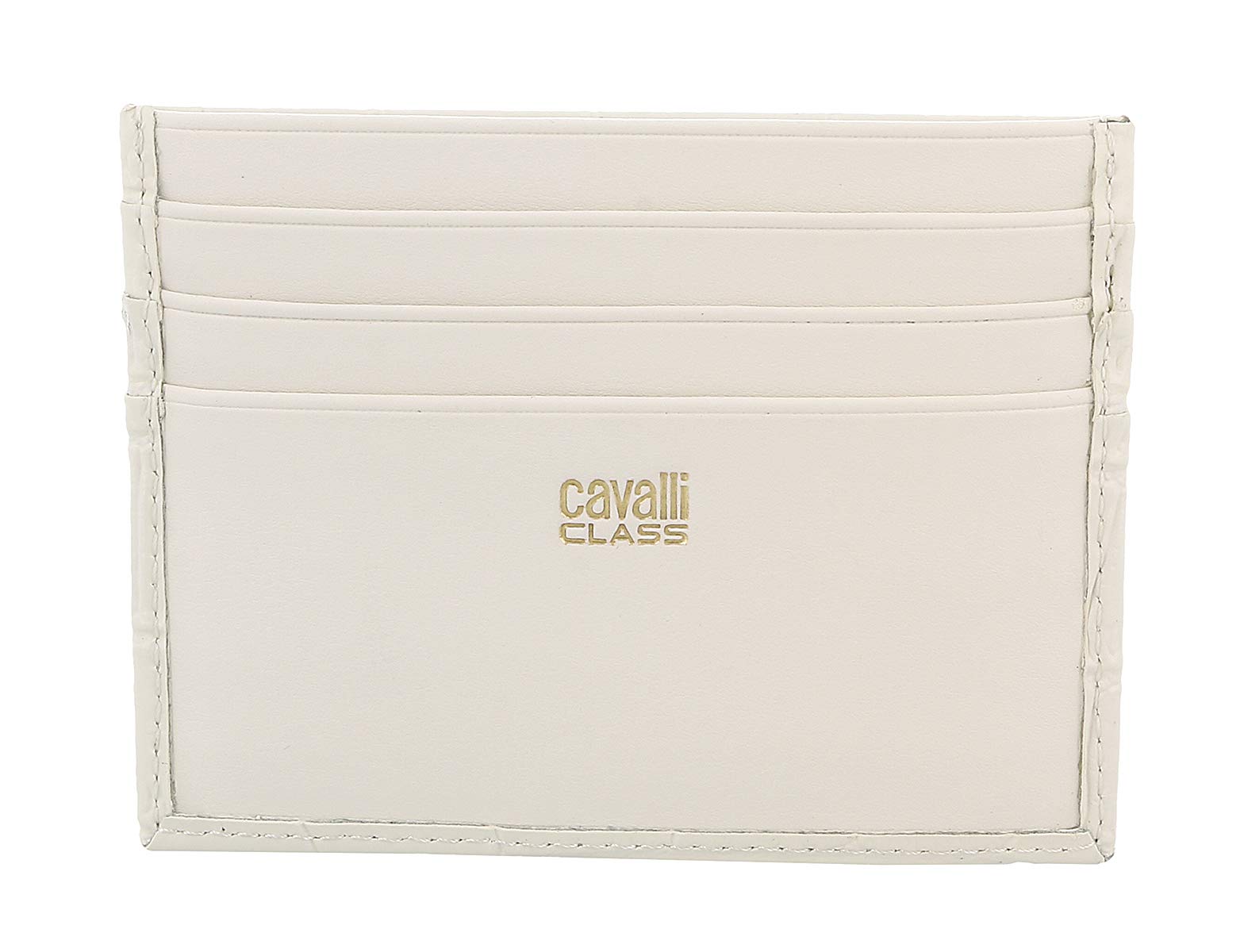 Roberto Cavalli Women's White Embossed Leather Credit Card Holder - Slim Wallet for Everyday Use, Travel & Gift Giving