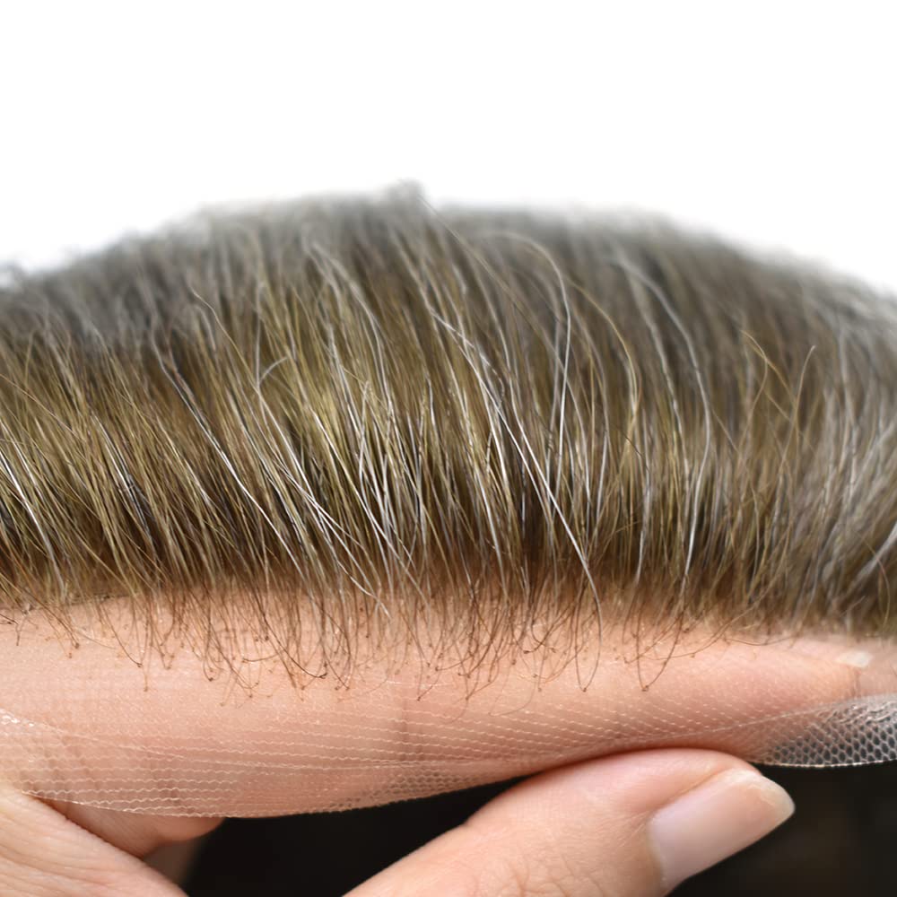 Natural Mens Toupee Human Hair Replacement System - Swiss Lace Base with PU Bleached Knots - 8x10 Inch Light Medium Density Hairpiece (Dark Ash Blonde 1720# with 20% Gray) - SINGA HAIR - Perfect for Daily Wear, Special Occasions & Hair Loss Solutions