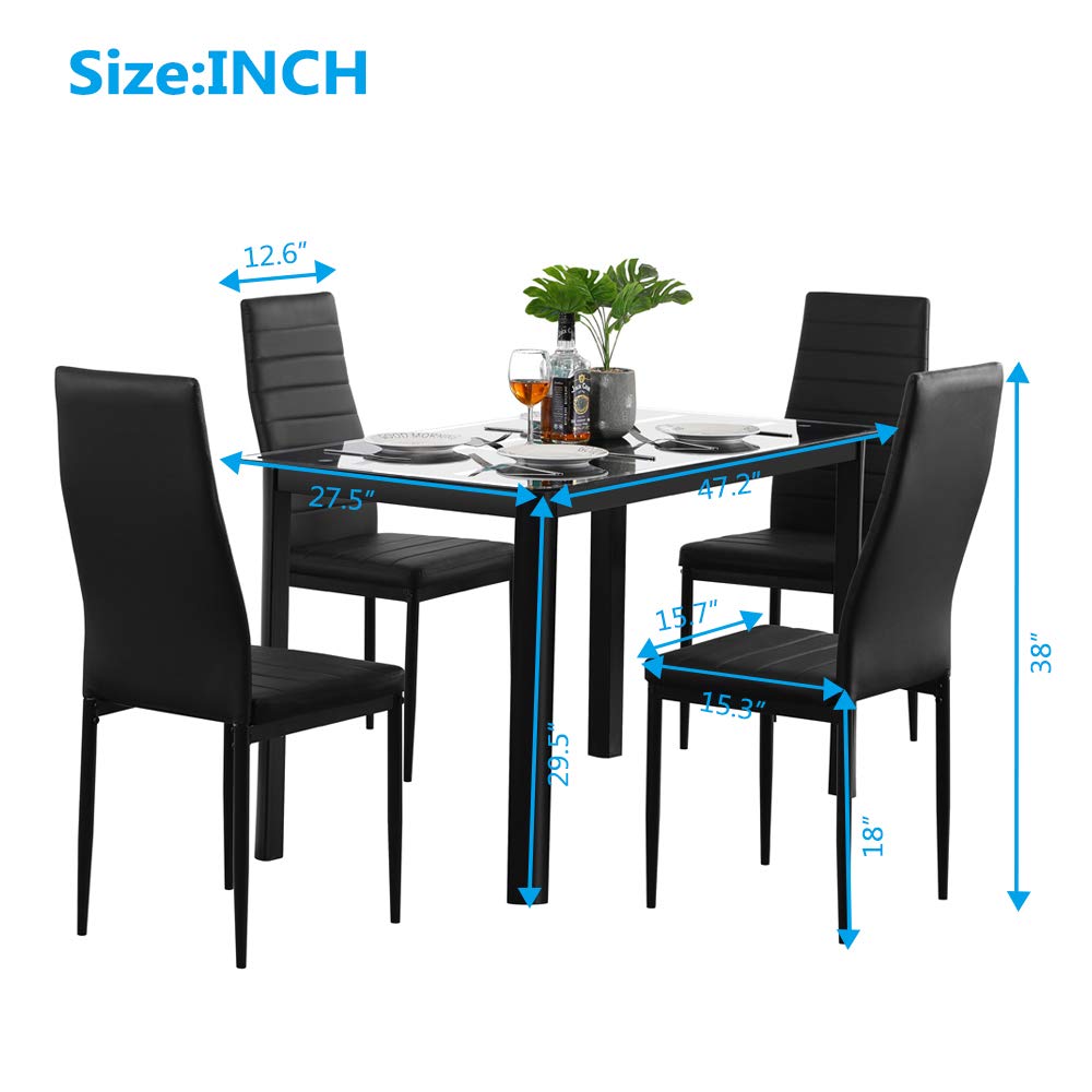 Modern 5-Piece Black Dining Table Set for 4 - Tempered Glass Kitchen Table with 4 Faux Leather Chairs - Space-Saving Dining Room Furniture for Small Apartments & Cozy Family Meals