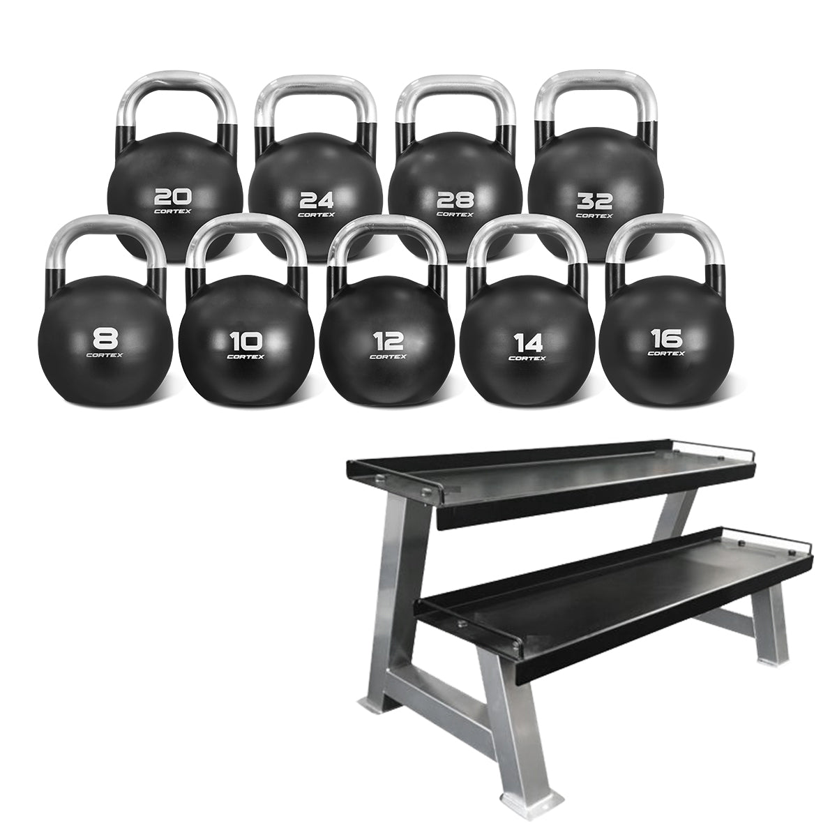 CORTEX 8kg to 32kg Commercial Steel Kettlebell V2 Set with Stand - Perfect for Home Gym, CrossFit & Strength Training