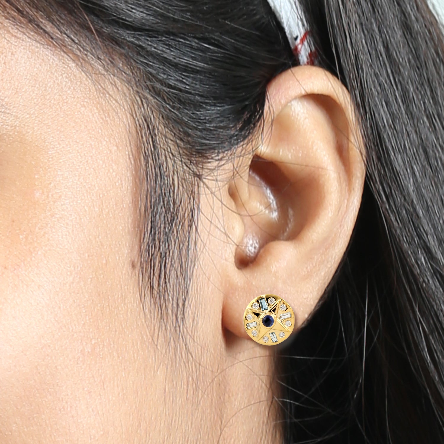 18K Yellow Gold Bezel Set Baguette Blue Topaz & Sapphire Diamond Stud Earrings for Women - Perfect for Weddings, Anniversaries & Special Occasions