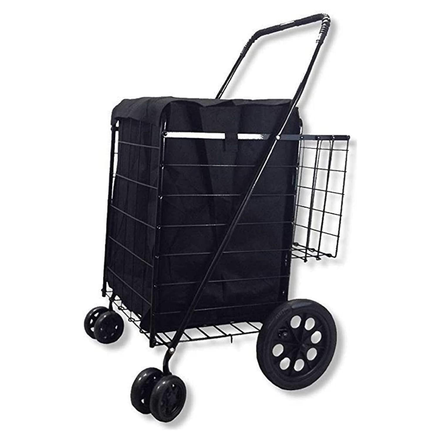 Foldable Shopping Cart with Swivel Wheels - Jumbo Double Basket Grocery Cart with Removable Liner - Collapsible & Portable for Supermarket, Farmers Market, and Home Storage - Black