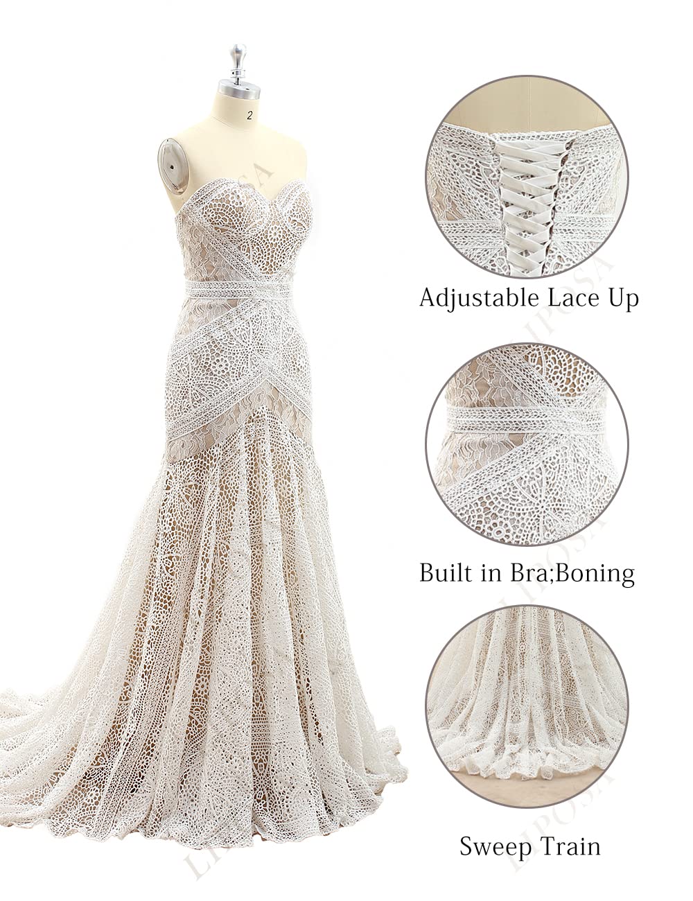 LIPOSA Women's Bohemian Wedding Dress with Detachable Arm Bands - Sweetheart Neckline Mermaid Lace Bridal Gown for Beach, Garden & Outdoor Ceremonies