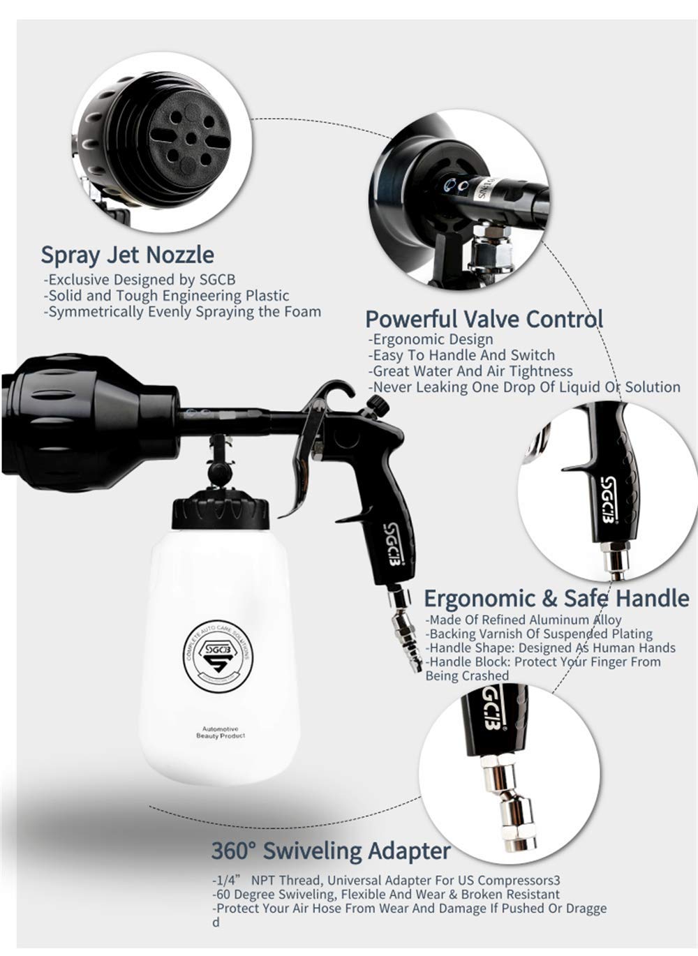 SGCB Pro Car Foamer Gun Cannon Pressure Washer Snow Lance Blaster - 8000 RPM High Speed Car Detailing Soap Gun with Adjustable 1/4” Quick Release & 1L Wide Mouth Bottle (No Leak Design) - Perfect for Auto Detailing, Car Wash, Foam Cleaning & Snow Removal