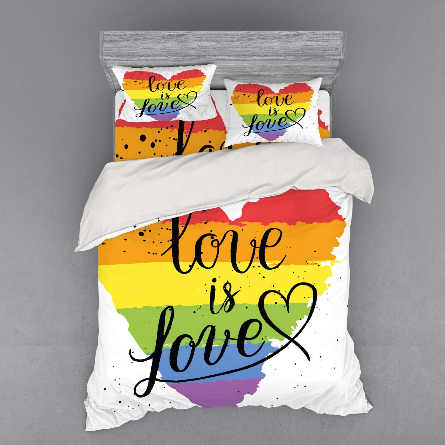 Ambesonne LGBT Pride Bedding Set - Queen Size 4-Piece Duvet Cover Set with Shams & Fitted Sheet, Rainbow Love is Love Design with Hand-Painted Strokes - Perfect for Pride Month, LGBTQ+ Celebrations & Colorful Bedroom Decor