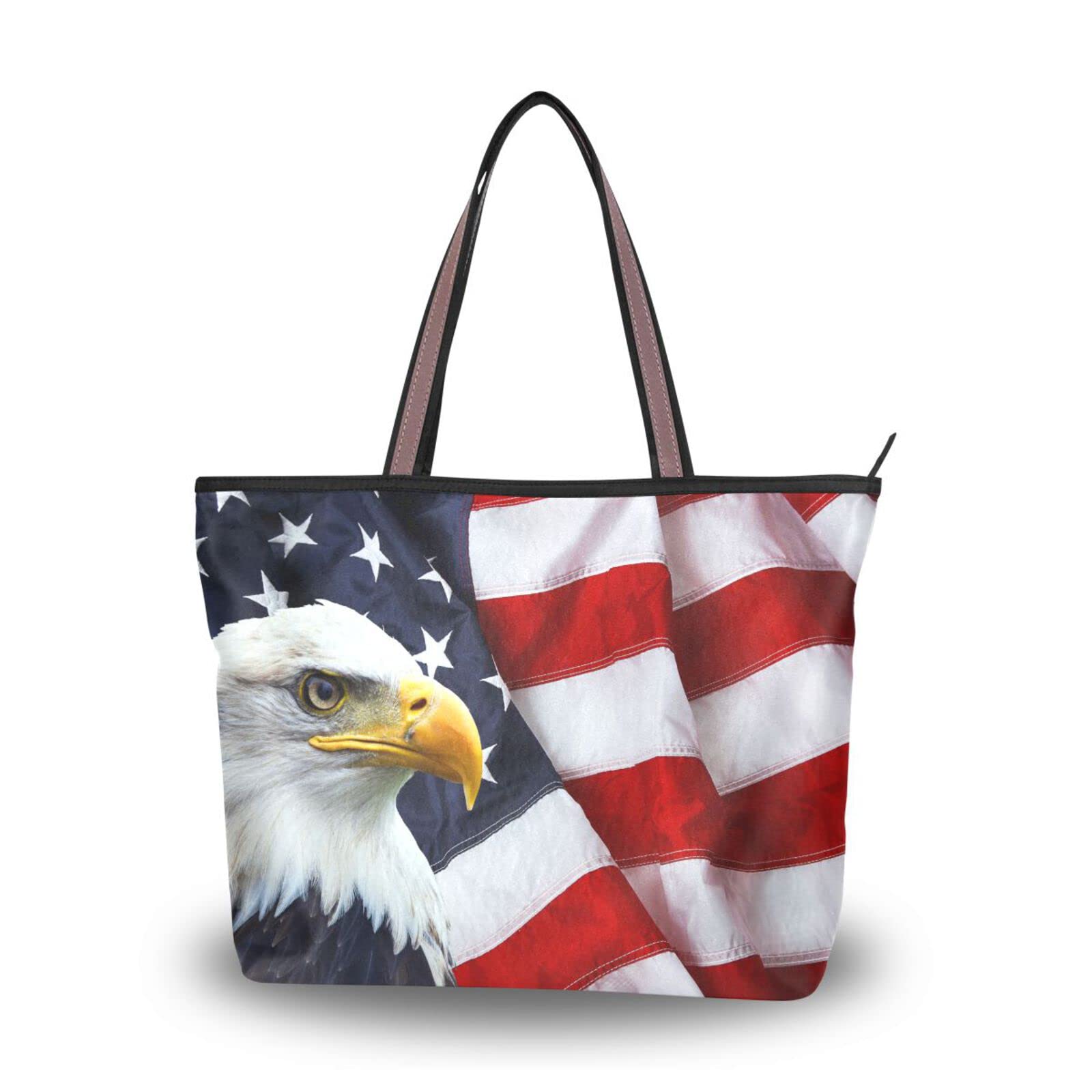 ALAZA Patriotic American Flag Eagle Tote Bag - Reusable Zippered Shoulder Handbag for Women, Beach Bag, Travel Tote - Perfect for Shopping, Work, Vacation & Outdoor Activities