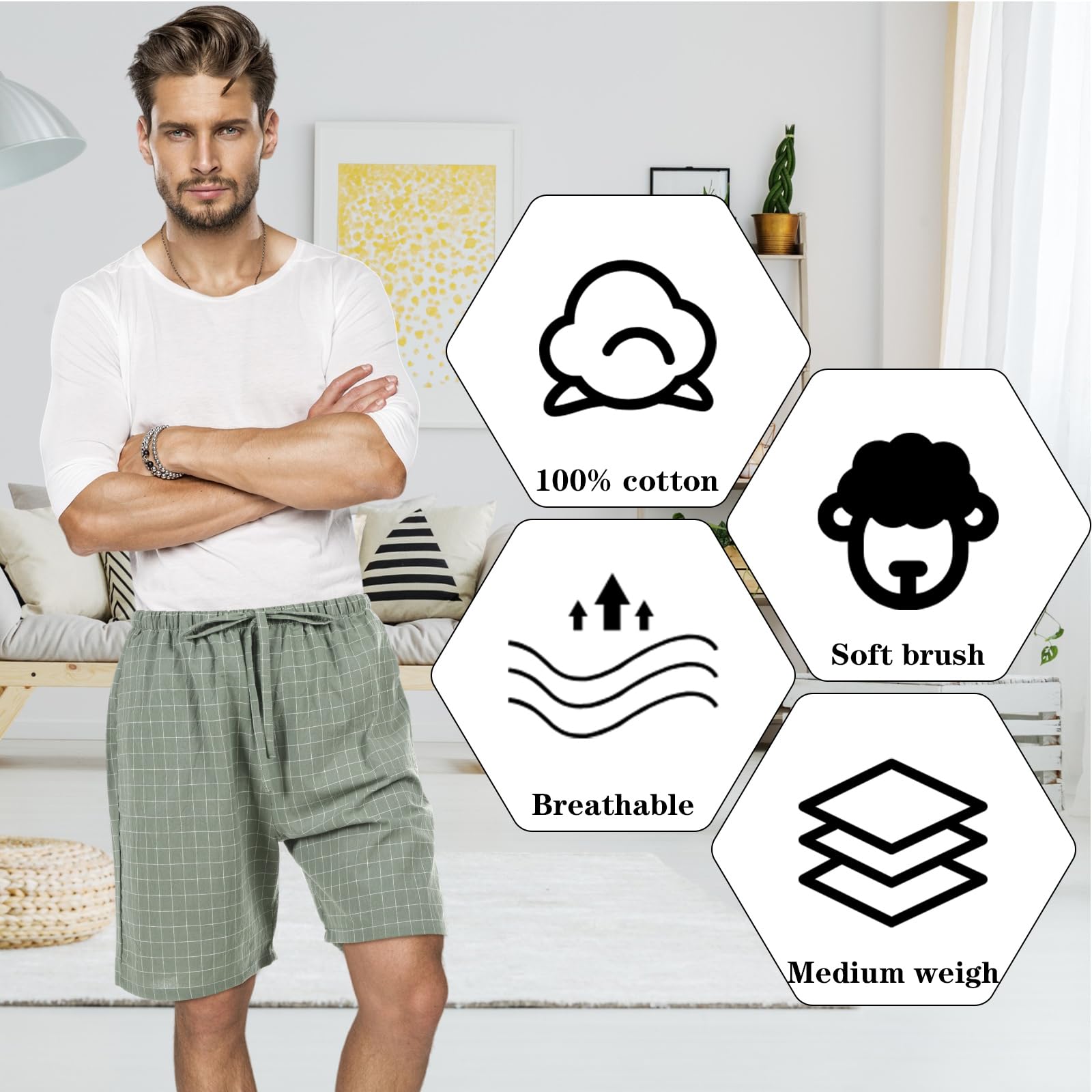 3 Pack Men's Cotton Pajama Shorts - Soft Woven Sleepwear with Drawstring & Pockets - Perfect for Lounging, Sleeping & Summer Comfort