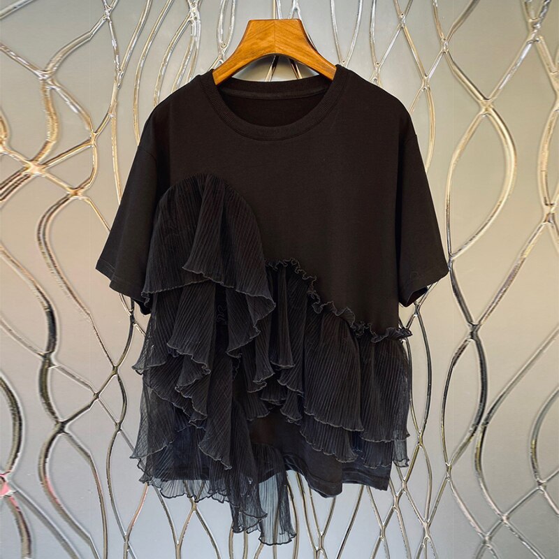 Women's Black Casual Patchwork Ruffle T-Shirt - O-Neck Short Sleeve Irregular Straight Cut Fashion Top | Perfect for Everyday Wear, Date Nights & Summer Outfits