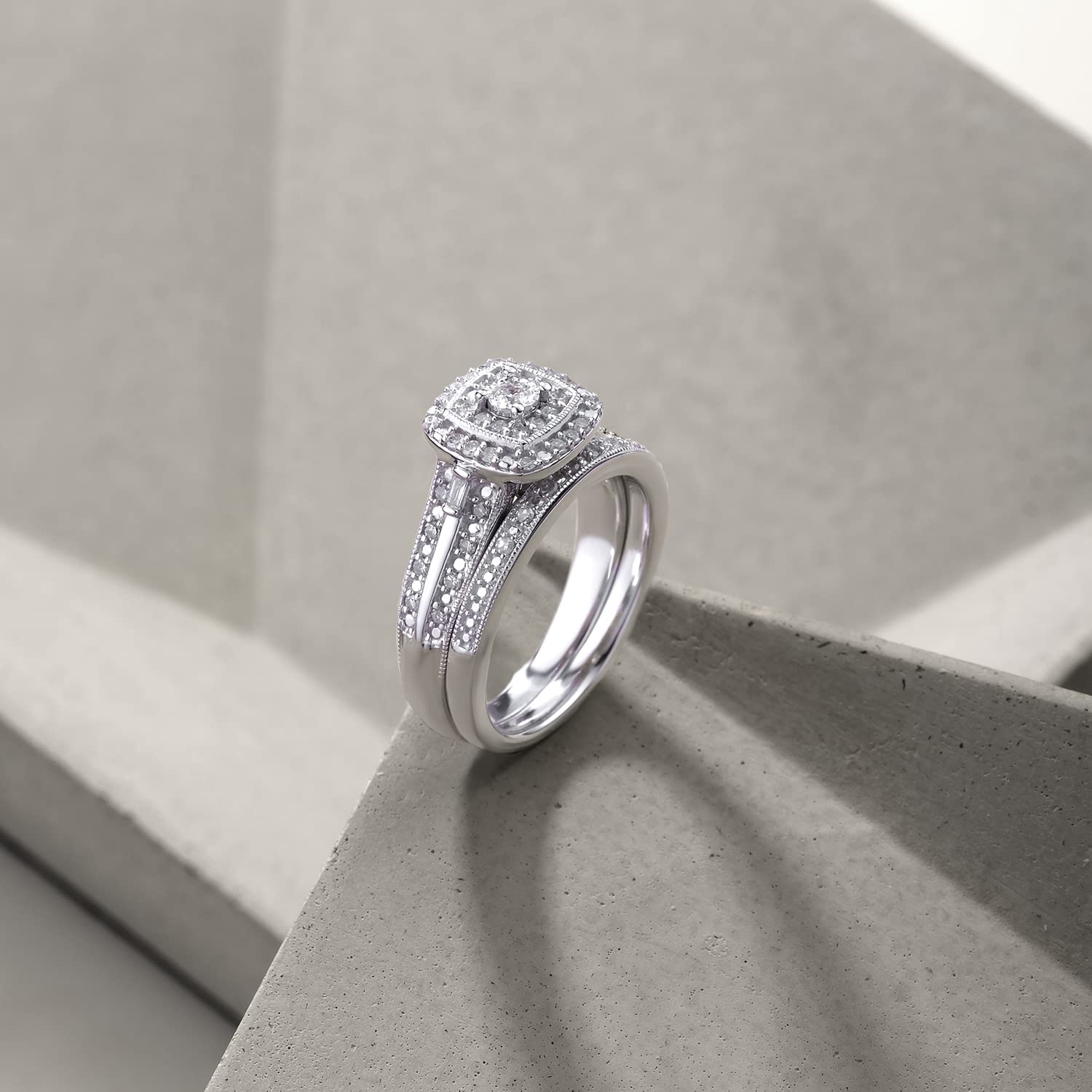 1/3 Carat Diamond Square Halo Engagement Ring & Wedding Band Set for Women in 925 Sterling Silver - Elegant Bridal Jewelry for Proposals, Anniversaries & Special Occasions