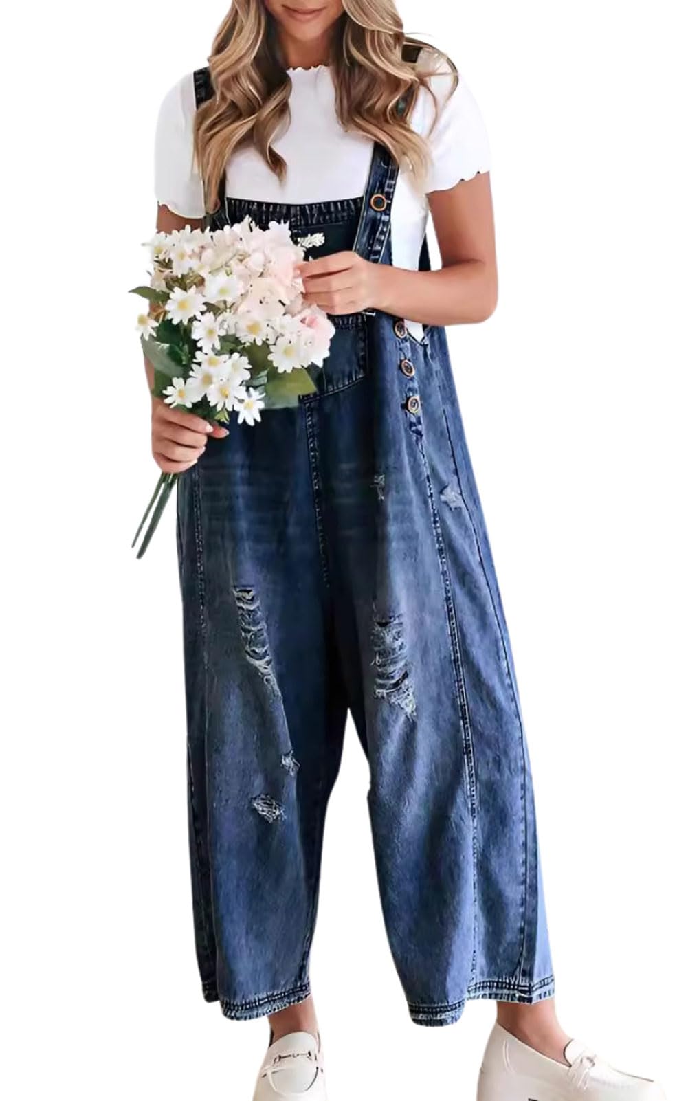 Women's Distressed Denim Bib Overalls - Loose Fit Adjustable Strap Wide Leg Baggy Jumpsuit for Casual Outings & Streetwear Fashion
