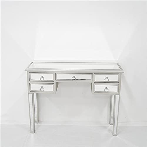 Silver Glass Finish Mirrored Writing Desk & Vanity Dressing Table for Women with Drawers - Elegant Makeup Table, Study Desk & Media Console for Bedroom, Office & Dressing Room