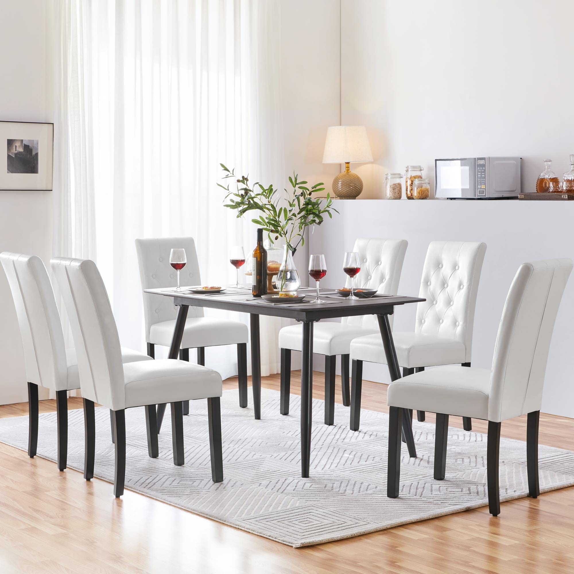 Premium Yaheetech Dining Chairs Set of 6 - White Leather Seat with Button Tufted Design & Solid Wood Legs for Kitchen, Restaurant or Home Decor | Comfortable Padded Accent Side Chairs for Dining Room, Breakfast Nook and Cafe Settings