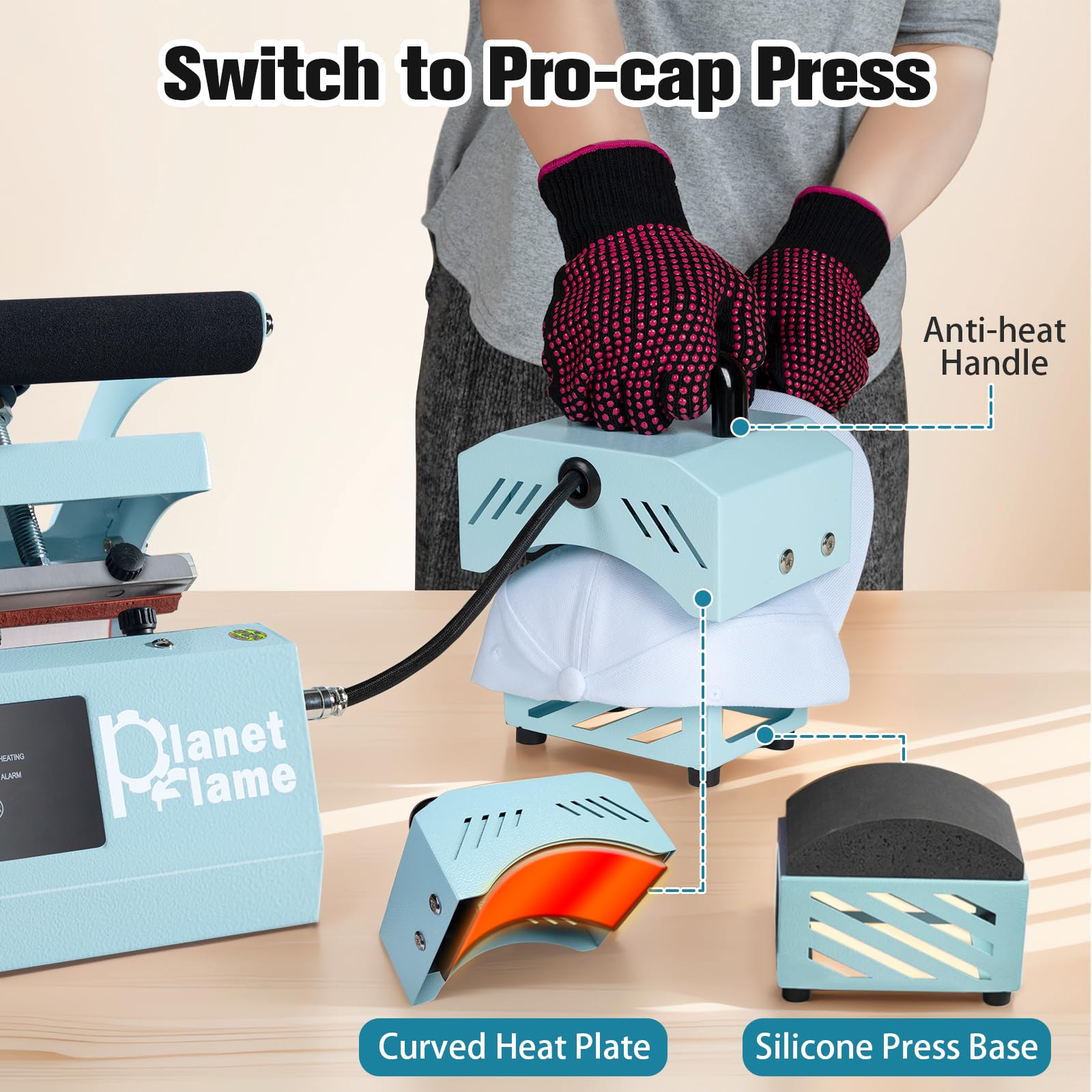 2-in-1 Heat Press Machine for Sublimation Tumbler (11oz-30oz) & All Caps - Includes Gloves & High Temp Resistant Tape - Perfect for DIY Custom Cups & Hats at Home or Small Business (Blue)