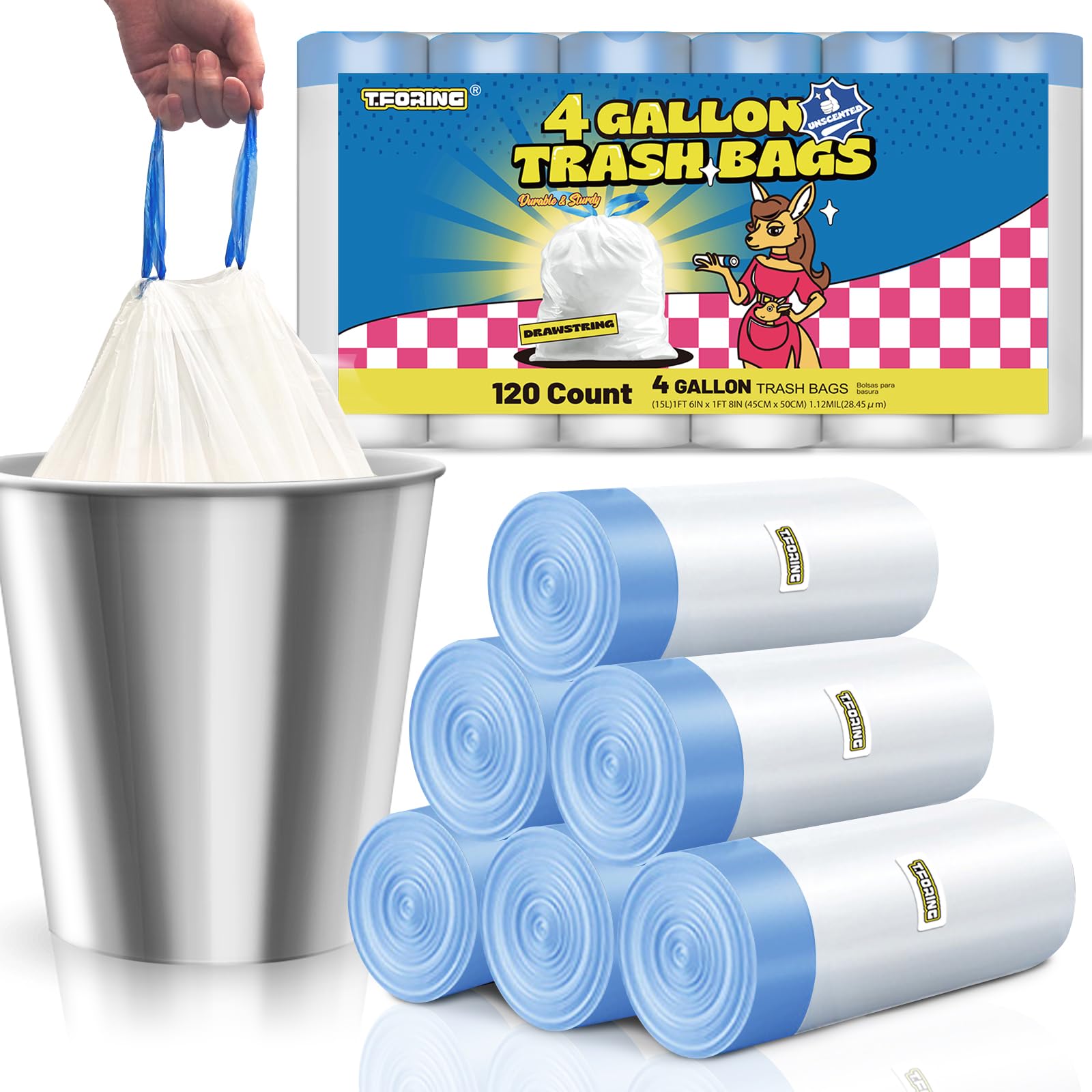4 Gallon Trash Bags with Drawstring - 120 Count White Small Garbage Bags (1.1 Mil Thick, Unscented) for Bathroom, Toilet, Home, Office & Bedroom - 15 Liter Wastebasket Liners for Daily Use and Easy Disposal