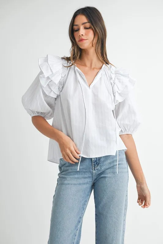 Elegant Stripe Ruffle Shoulder Puff Sleeve Blouse for Women - Trendy Office & Party Wear - Perfect for Work, Date Night & Special Occasions
