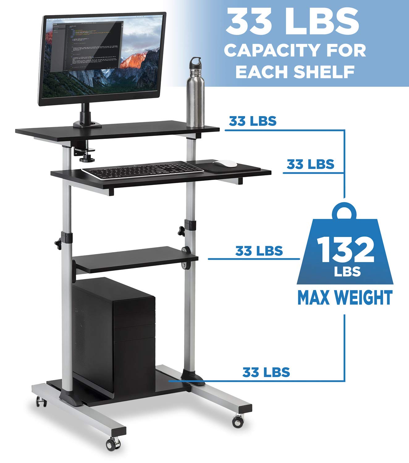 Mount-It! Adjustable Height Rolling Desk - 27.5