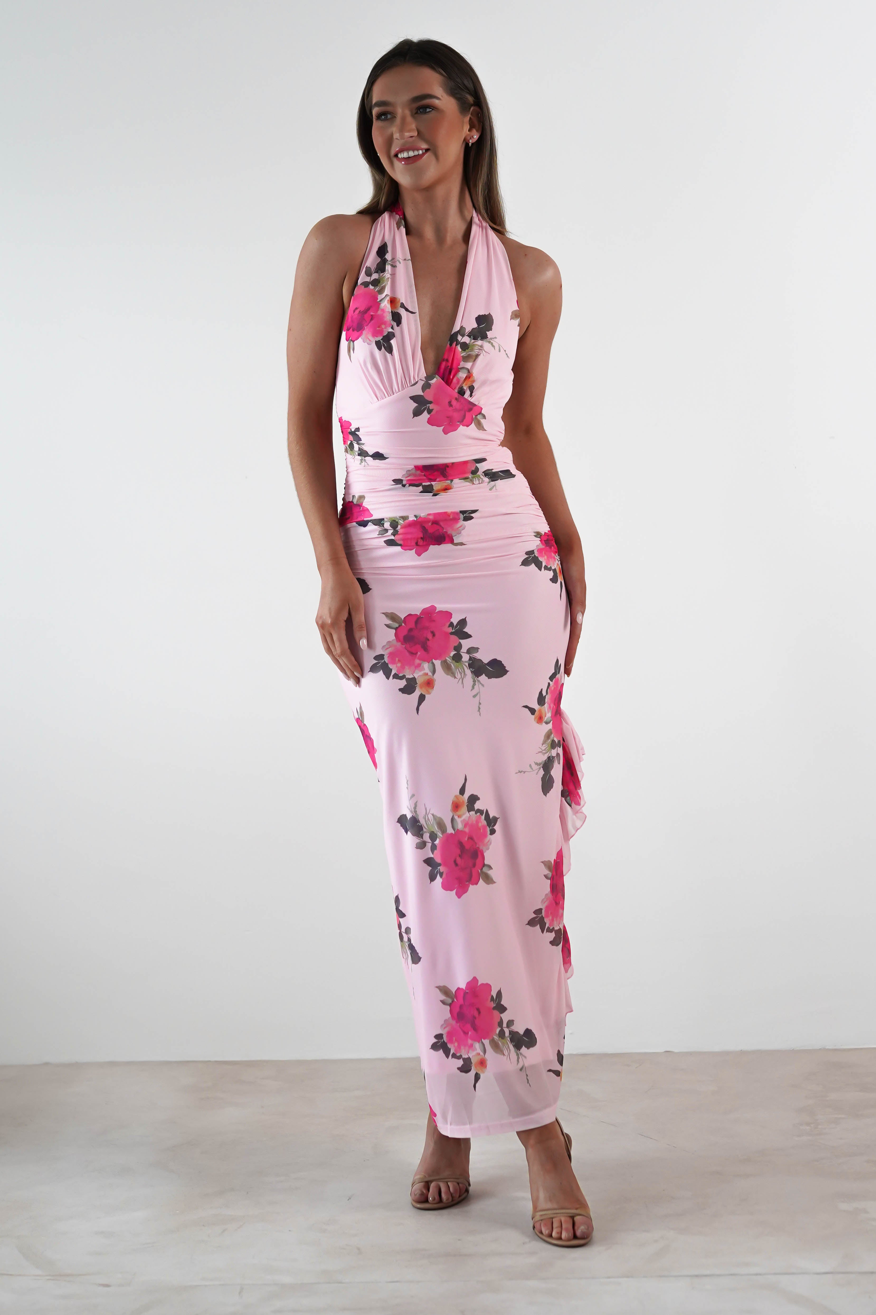 Emmaline Floral Bodycon Maxi Dress for Women - Elegant Pink Long Sleeve Slim Fit Party Dress | Perfect for Weddings, Evening Events & Date Nights