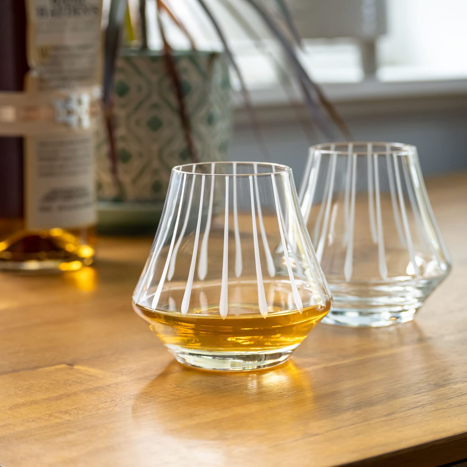 Premium Rolf Glass Modern Whiskey Tasting Glasses Set of 4 - 9.8 oz Lead-Free Crystal Clear Whiskey Tumblers with Diamond-Wheel Etching - Handcrafted in USA - Perfect for Bourbon, Scotch & Whiskey Tasting at Home Bars or Gift Giving