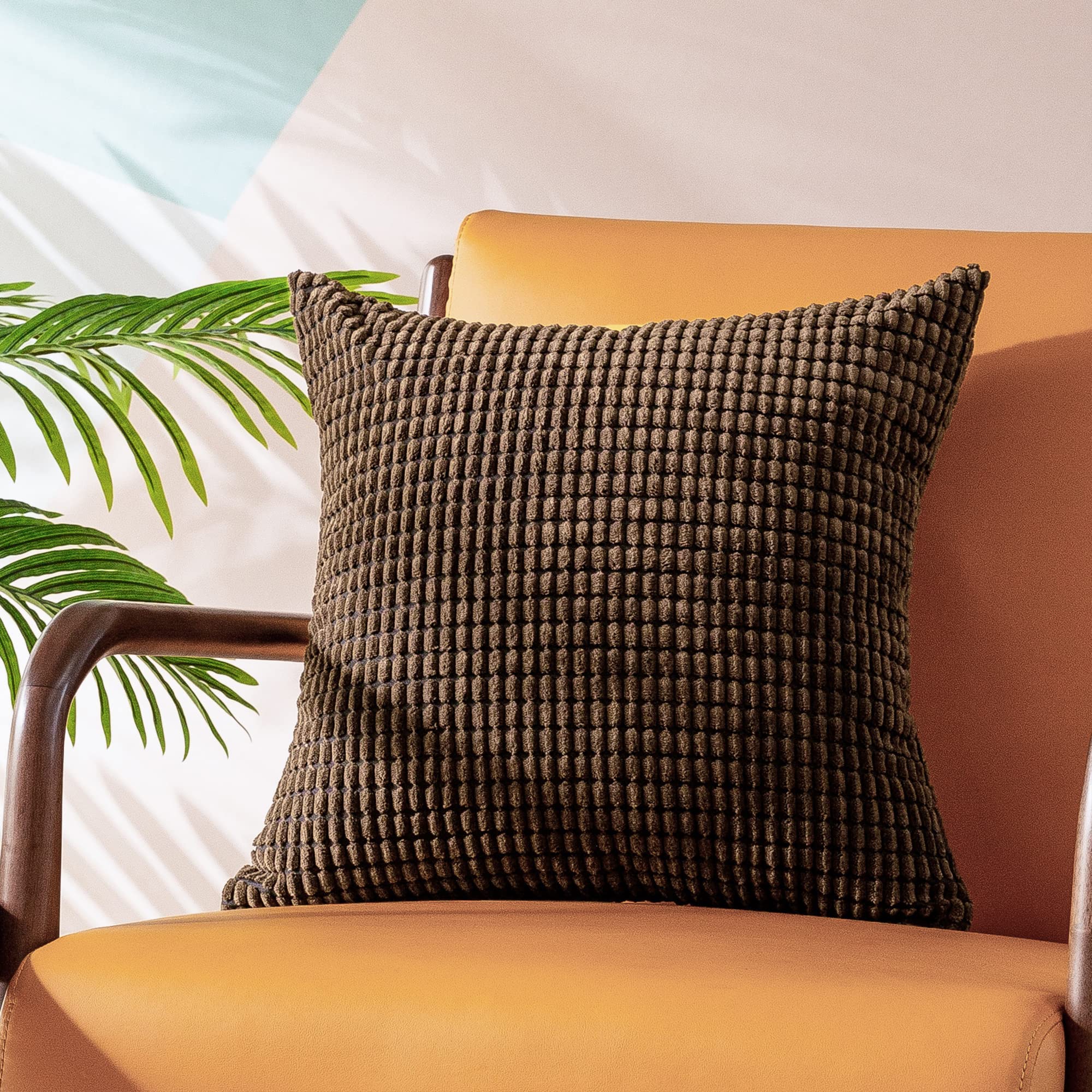 Premium Corduroy Throw Pillow Covers Set of 2 - 26x26 Inch Farmhouse Striped Waffle Textured Cushion Cases for Sofa, Couch & Bed - Soft Brown Decorative Pillow Shams for Living Room, Bedroom & Home Decor