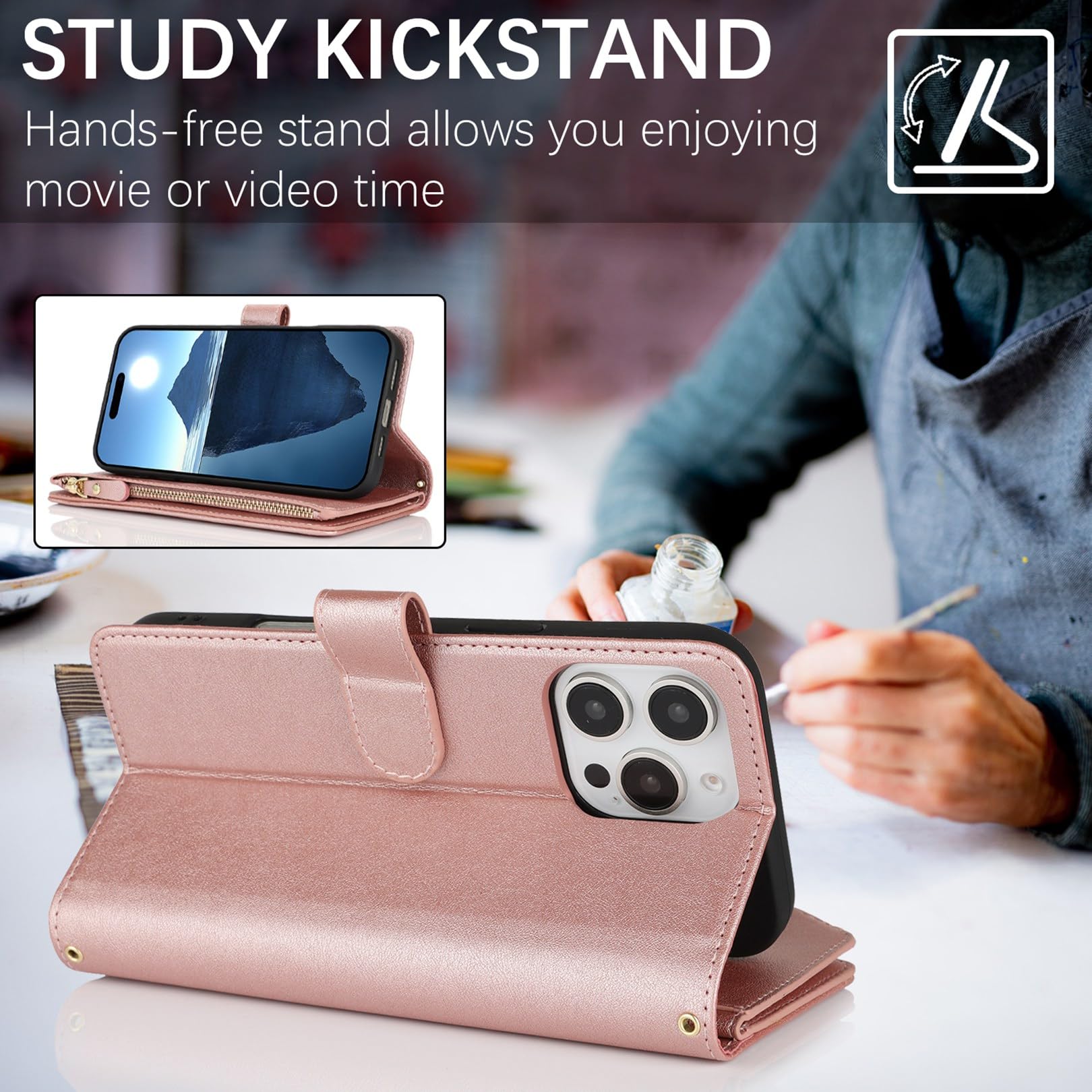 Jaorty iPhone 16 Pro 5G Wallet Case with Card Holder & Zipper Pocket - PU Leather Crossbody Phone Case with Strap for Women (6.3