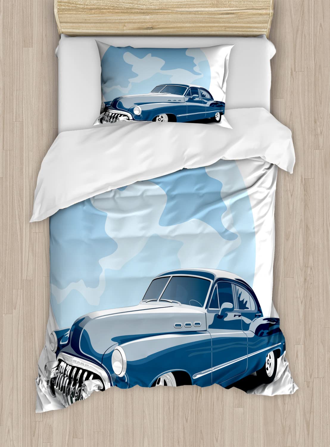 Ambesonne Vintage Cars Duvet Cover Set - 2 Pack California King Size, Old Timer Automobile Collector's Nostalgic Bedding with 2 Duvet Covers & 4 Pillowcases in Blue, Pale Blue & Black | Perfect for Car Enthusiasts, Retro Bedroom Decor & Gift for Classic Auto Lovers