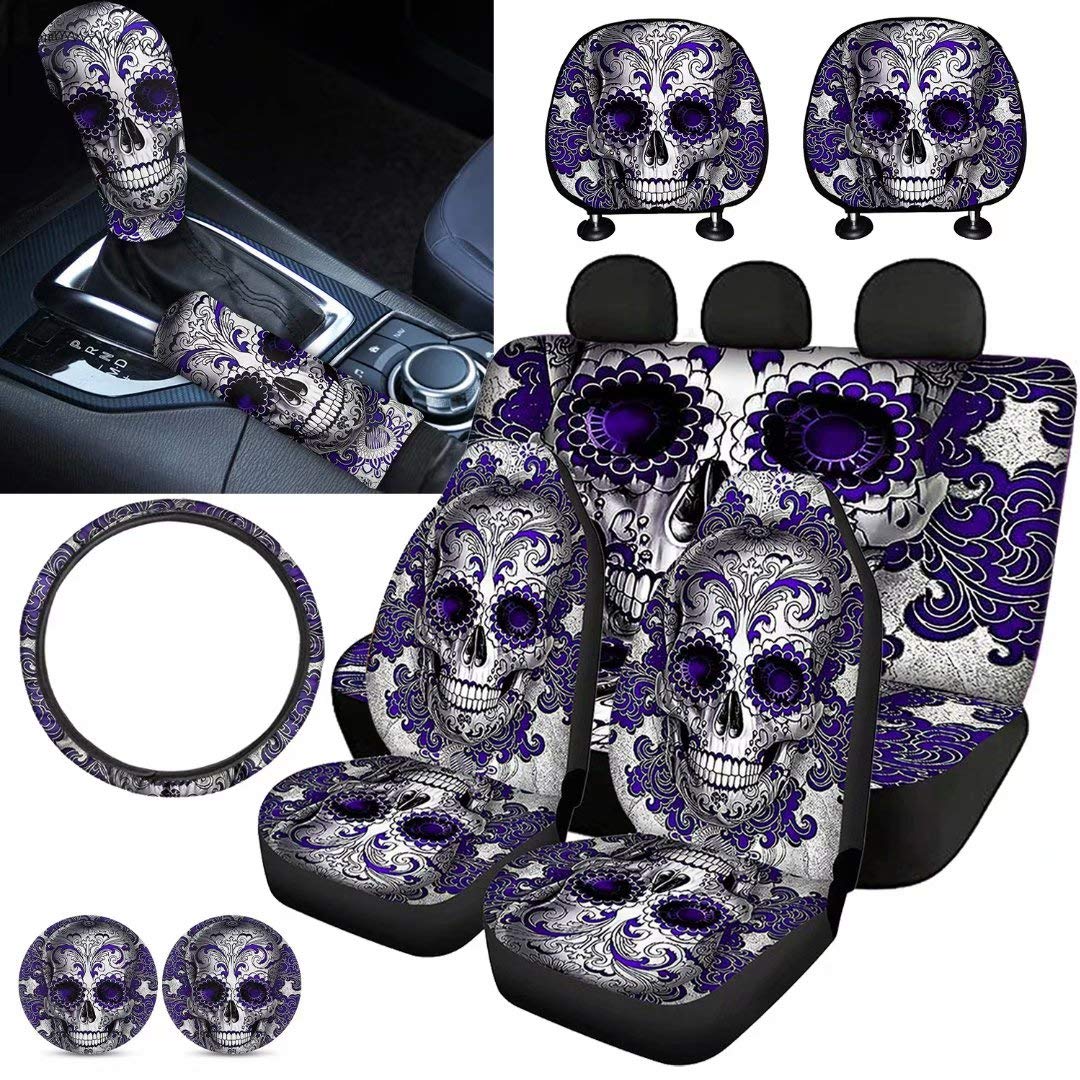 Purple Sugar Skull Car Seat Cover Set with Handbrake Cover, Gear Shift Cover & Headrest Covers - 15-Piece Car Interior Accessories Kit for Halloween & Dia de Los Muertos Themed Car Decor - Perfect for Party Cars, Themed Rides & Automotive Enthusiasts