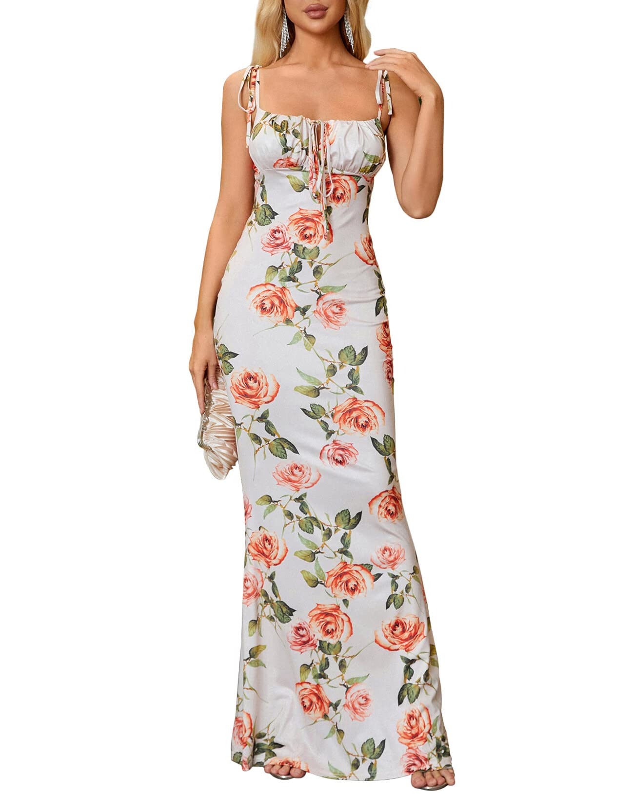 KUTUMAI Women's Floral Print Bodycon Maxi Dress - Spaghetti Strap Sleeveless Boho Long Dress for Summer Beach Vacation, Party & Date Night