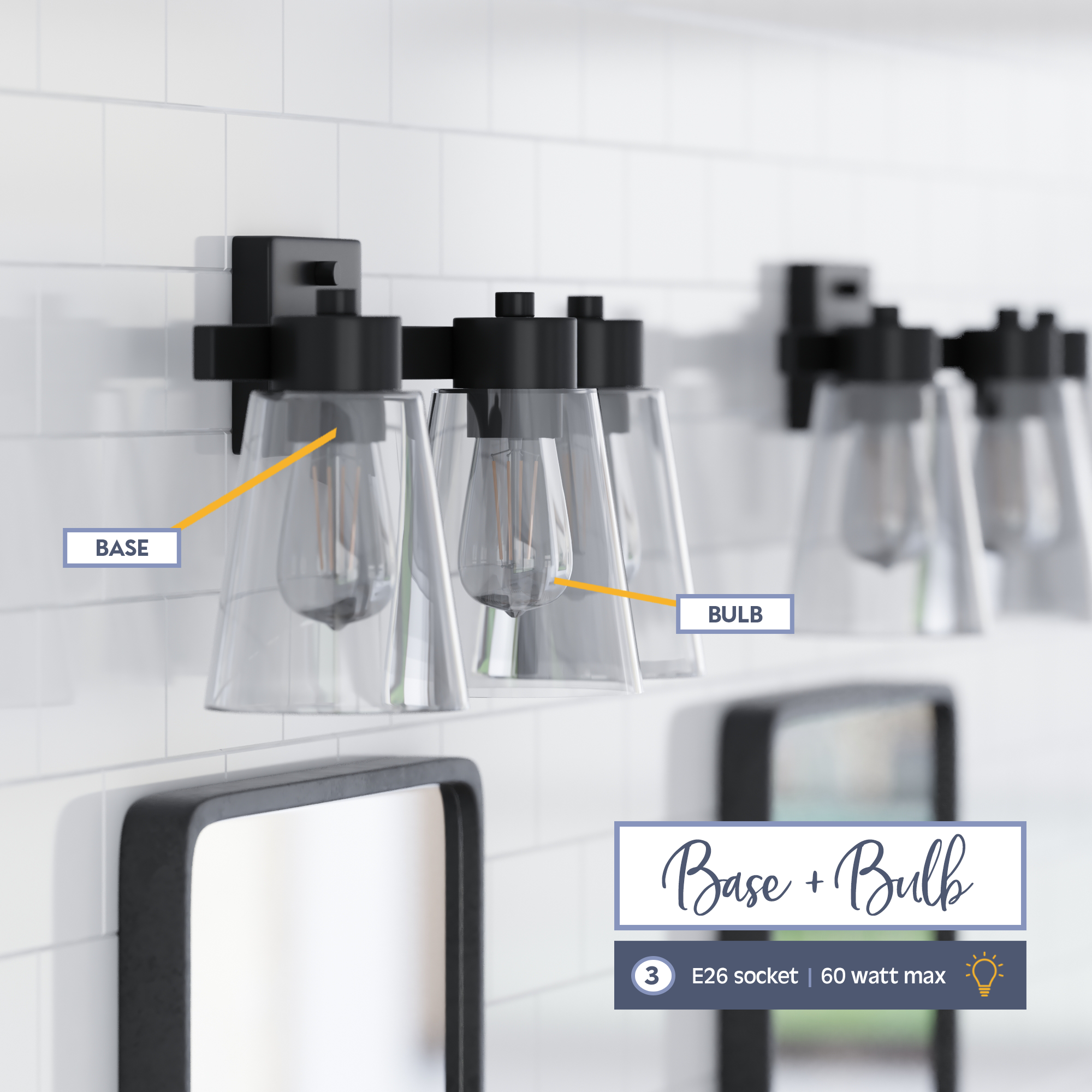 Fairendale 3-Light Vanity Light Fixture with Clear Glass Shades in Matte Black - Perfect for Bathroom, Bedroom, and Dressing Room Lighting