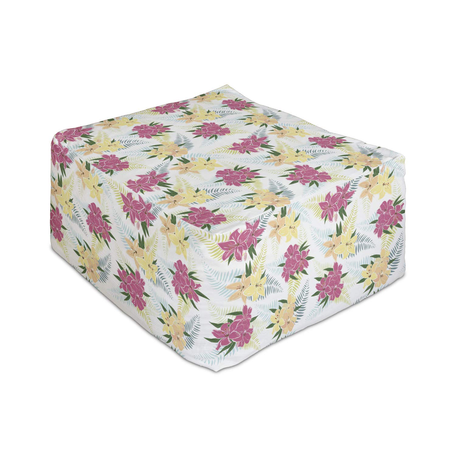 Ambesonne Floral Rectangle Pouf Ottoman - Pale Yellow Peach & Pink Green Lily Pattern, 25